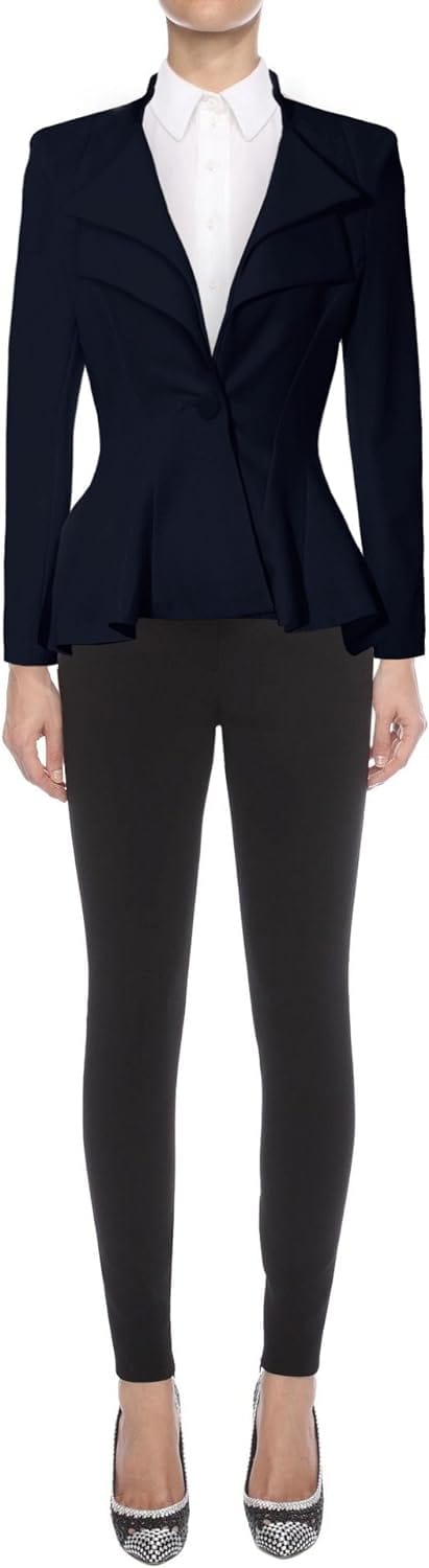 Hybrid & Company Women's Casual Work Office Dressy Double Notch Lapel Sharp Shoulder Pad Single Button Peplum Comfy Blazer