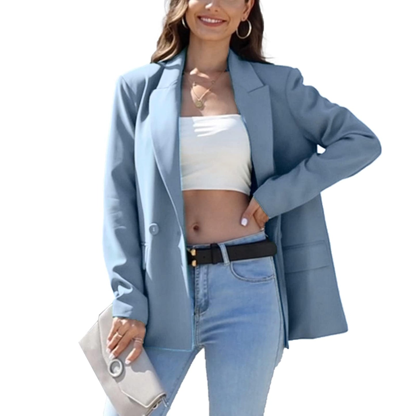 Women's Oversized Double-Breasted Suit Blazer Jacket Long Sleeve Casual Boyfriend Style Work Office Blazer with Pockets