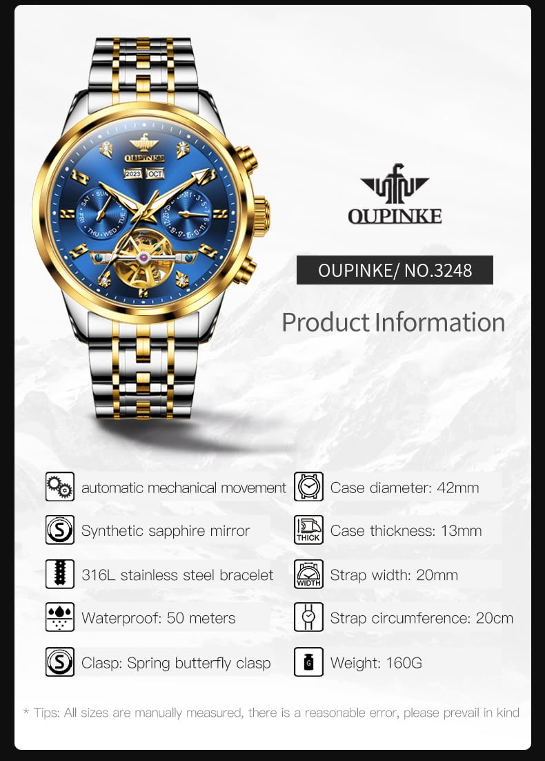 OUPINKE Mens Automatic Watches Diamond Luxury Dress Self Winding Mechanical Waterproof Tungsten Steel Dual Date Wrist Watch