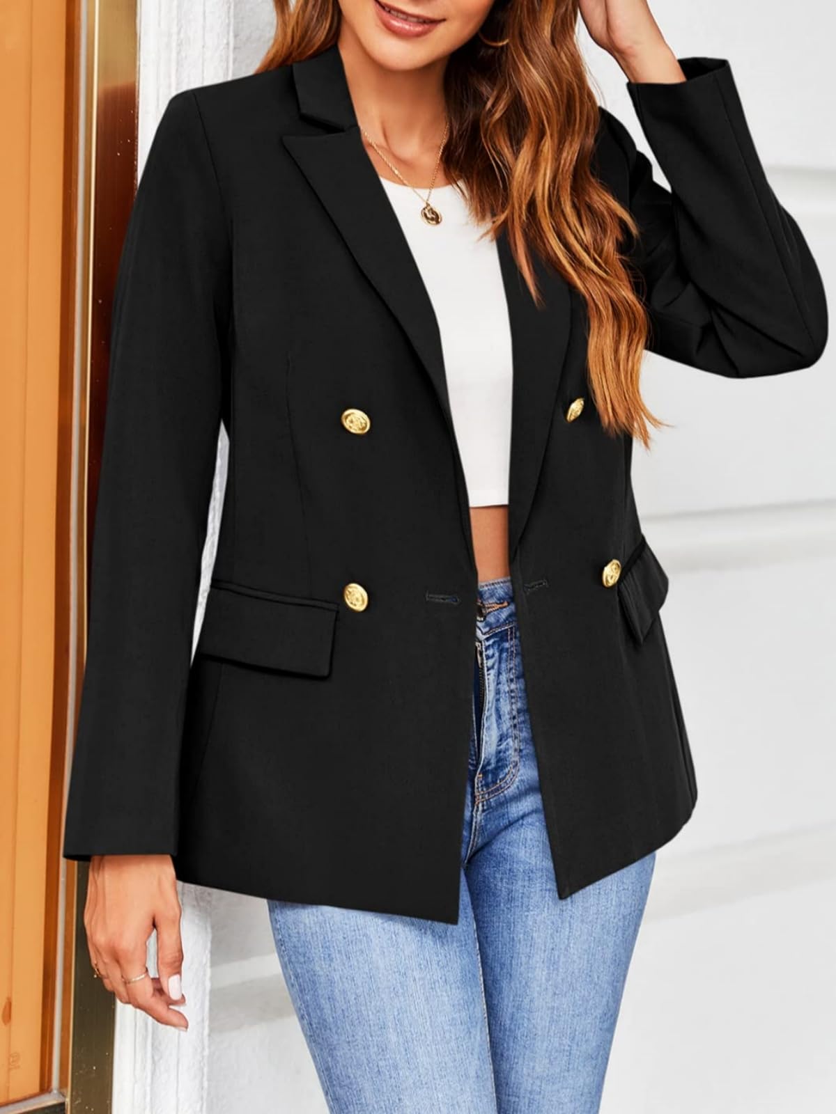 Hdieso Veste blazer décontractée à manches longues et boutons pour femme - Couleur unie 