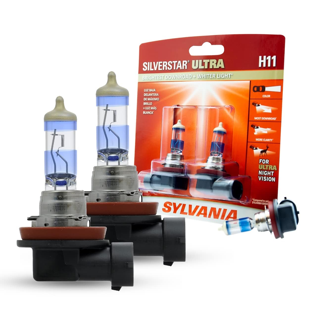 SYLVANIA - H11 SilverStar Ultra - Bombilla halógena para faros delanteros de alto rendimiento, blanca, paquete de 2 