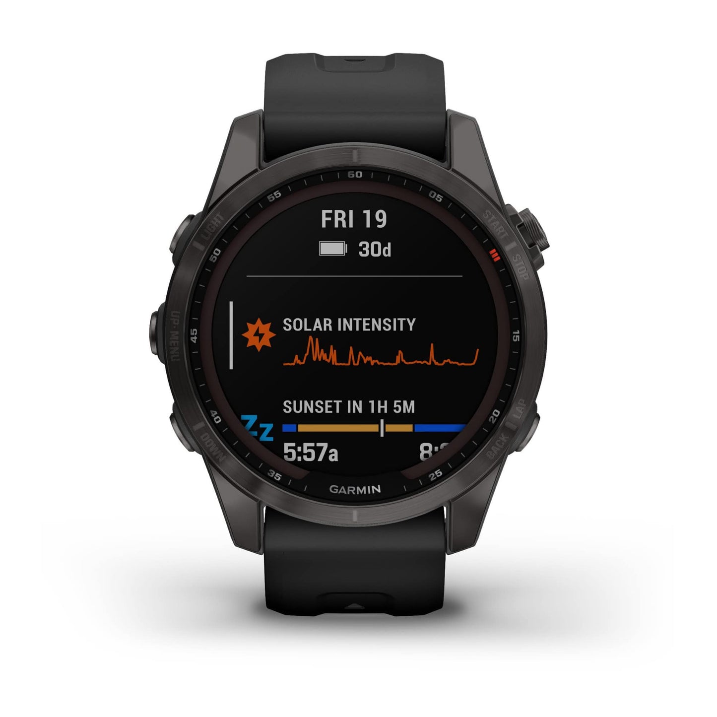 Garmin fenix 7S, smaller sized adventure smartwatch, rugged outdoor watch with GPS, touchscreen, health and wellness features, silver with graphite band, 010-02539-00