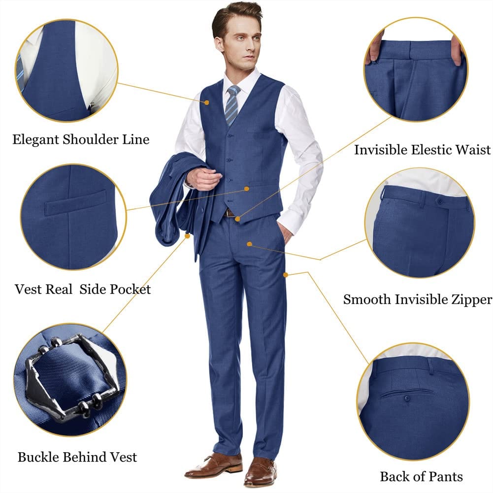 Men's Slim Fit 3 Piece Suit Two Button Business Wedding Dress Tux Suit Set Jacket Vest Pants with Tie