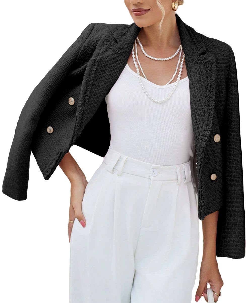 Tweed Blazers Jackets for Women 2024 Spring Fashion Lapel Cropped Elegant Open Front Office Casual Blazer