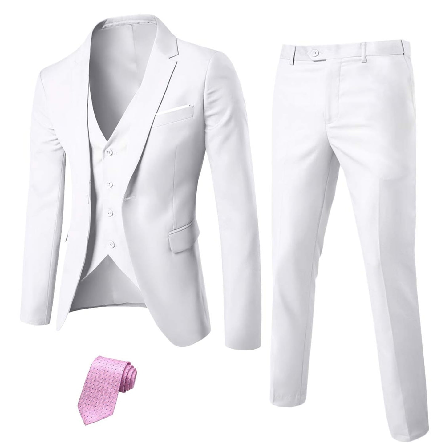 MY'S Men's 3 Piece Solid Suit Set, One Button Slim Fit Jacket Vest Pants with Tie