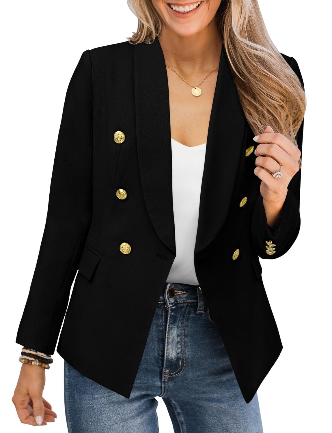 CRAZY GRID Veste blazer décontractée pour femme - Bouton doré - Manches longues - Bureau de travail - Revers ouvert sur le devant