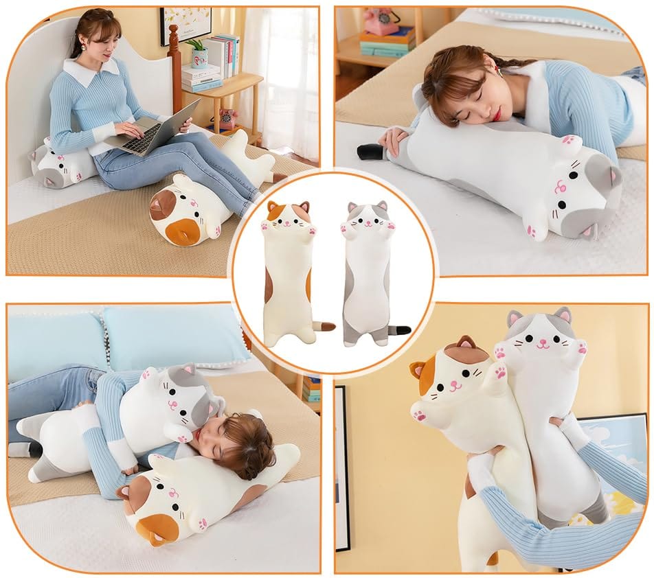 Oeonuas Cute Cat Plush Long Body Pillow Cuddle Cartoon Stuffed Animals Cat Plushie Soft Doll Pillows Gifts for Kids Girls(Gray, 27")