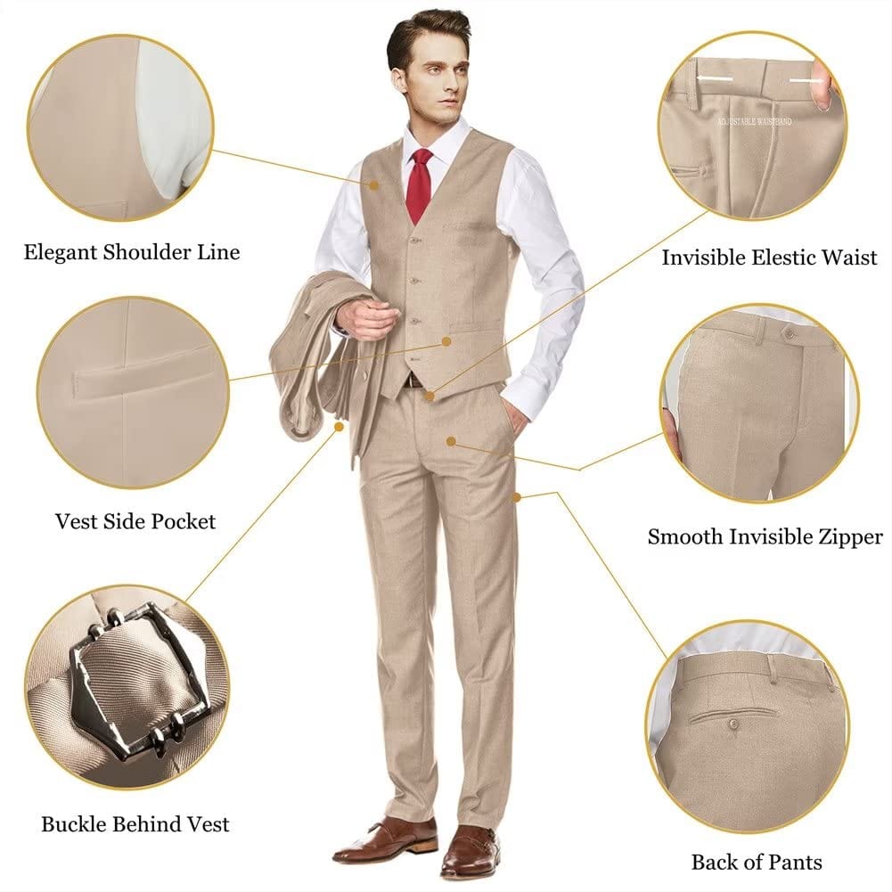 Men's Slim Fit 3 Piece Suit Two Button Business Wedding Dress Tux Suit Set Jacket Vest Pants with Tie