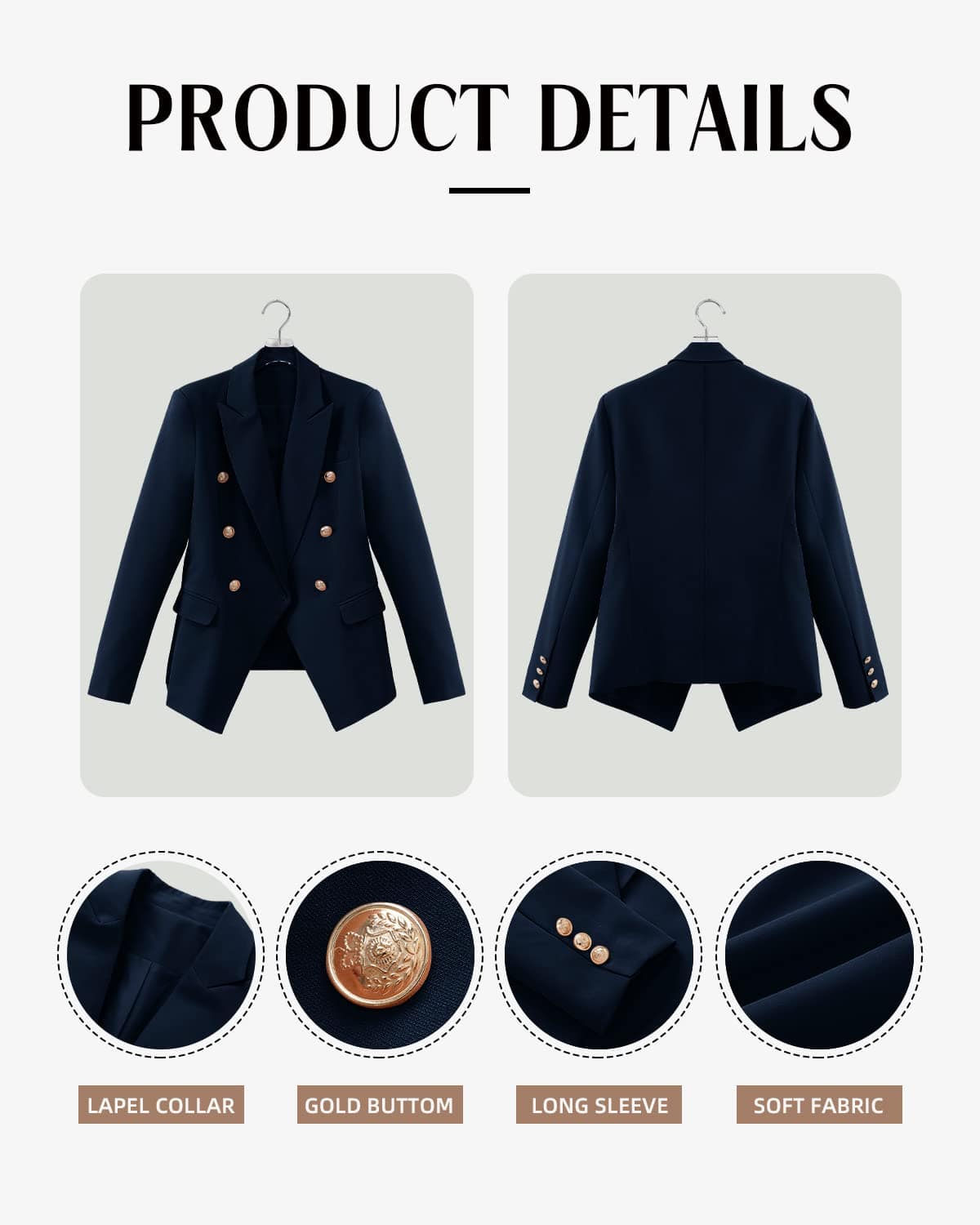 CRAZY GRID Womens Casual Blazer Jacket Gold Button Long Sleeve Work 0ffice Blazer Lapel Open Front Jacket