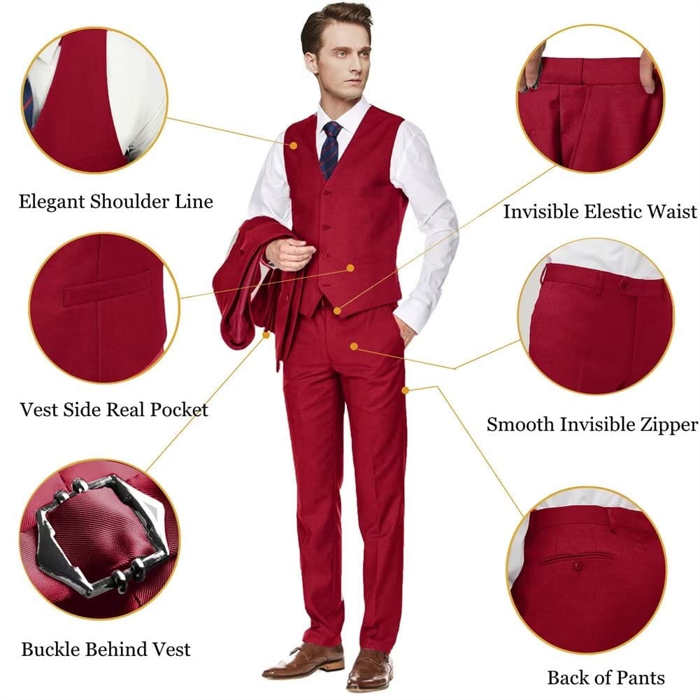 Men's Slim Fit 3 Piece Suit Two Button Business Wedding Dress Tux Suit Set Jacket Vest Pants with Tie