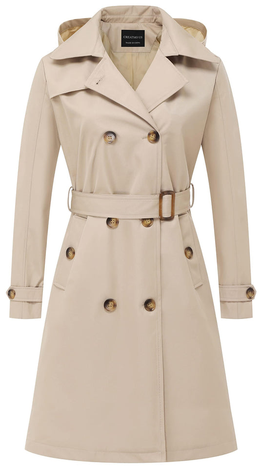 CREATMO US Women's Long Trench Coat Double-Breasted Classic Lapel Overcoat Belted Slim Outerwear Coat with Detachable Hood