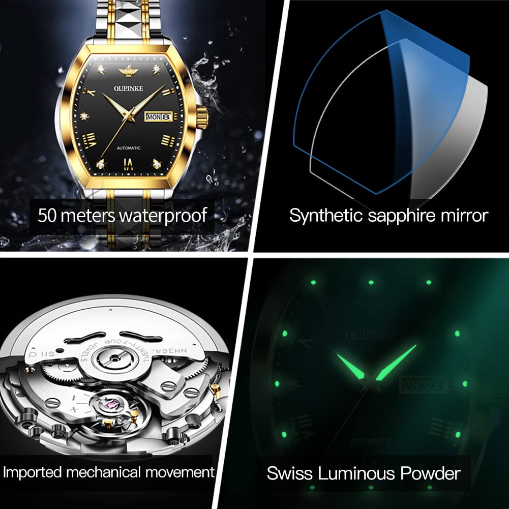 OUPINKE Mens Automatic Watches Diamond Luxury Dress Self Winding Mechanical Waterproof Tungsten Steel Dual Date Wrist Watch