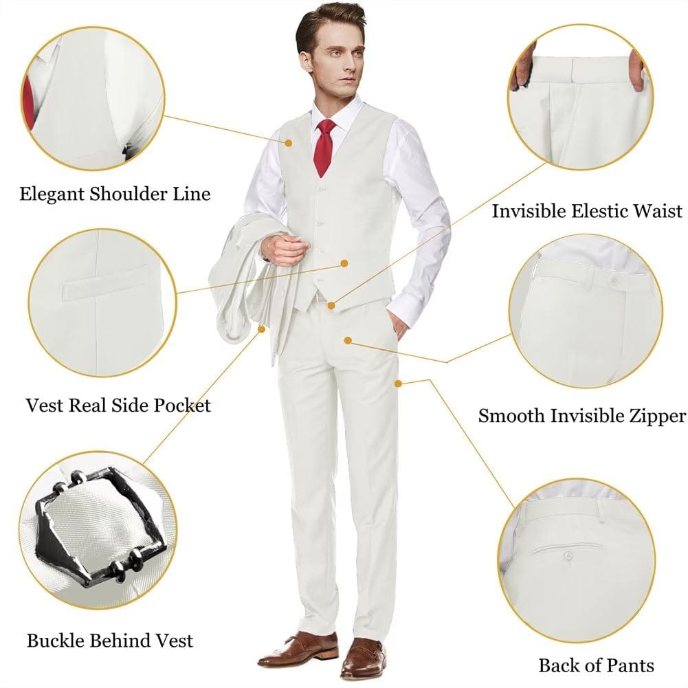 Men's Slim Fit 3 Piece Suit Two Button Business Wedding Dress Tux Suit Set Jacket Vest Pants with Tie