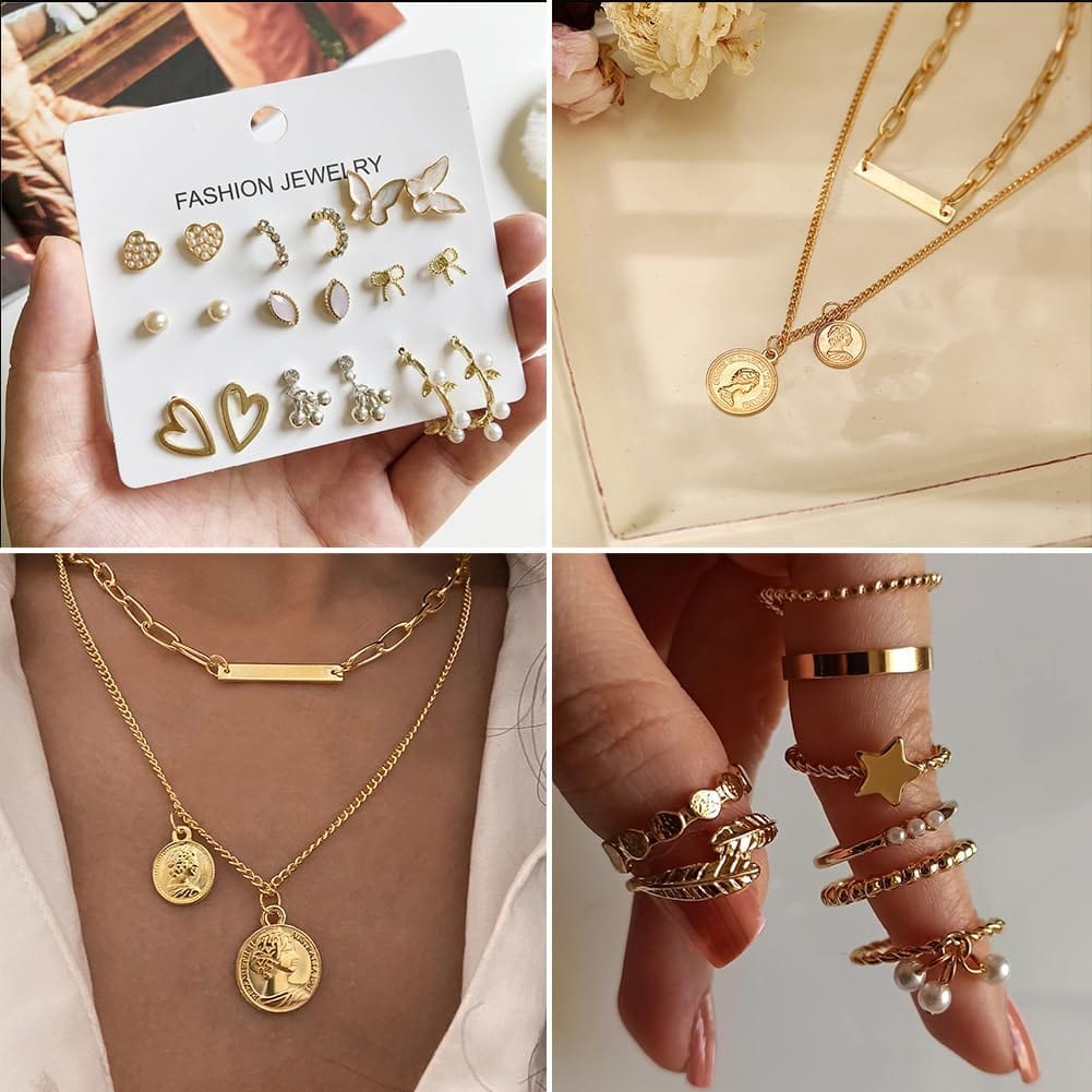 CONGYING 46 Pcs Gold Jewelry Set with 11Pcs Necklace, 11 Pcs anklet and 18 Pcs Earring Ear Cuff,6Hoop Earrings for Women Girls, Fashion Indie Costume Jewerly Pack for Friendship Party Gift Xpress