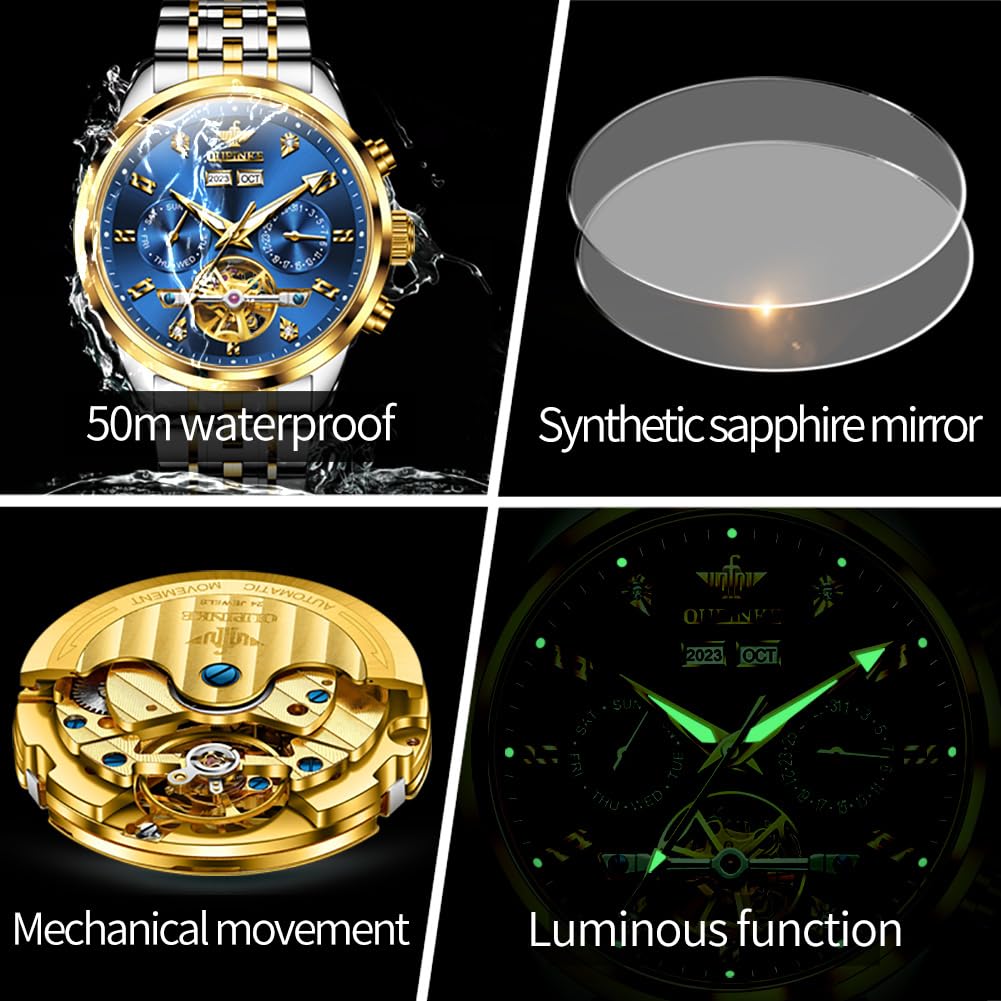 OUPINKE – montre automatique pour hommes, montre-bracelet de luxe en diamant, à remontage automatique, mécanique, étanche, en acier tungstène, double Date 