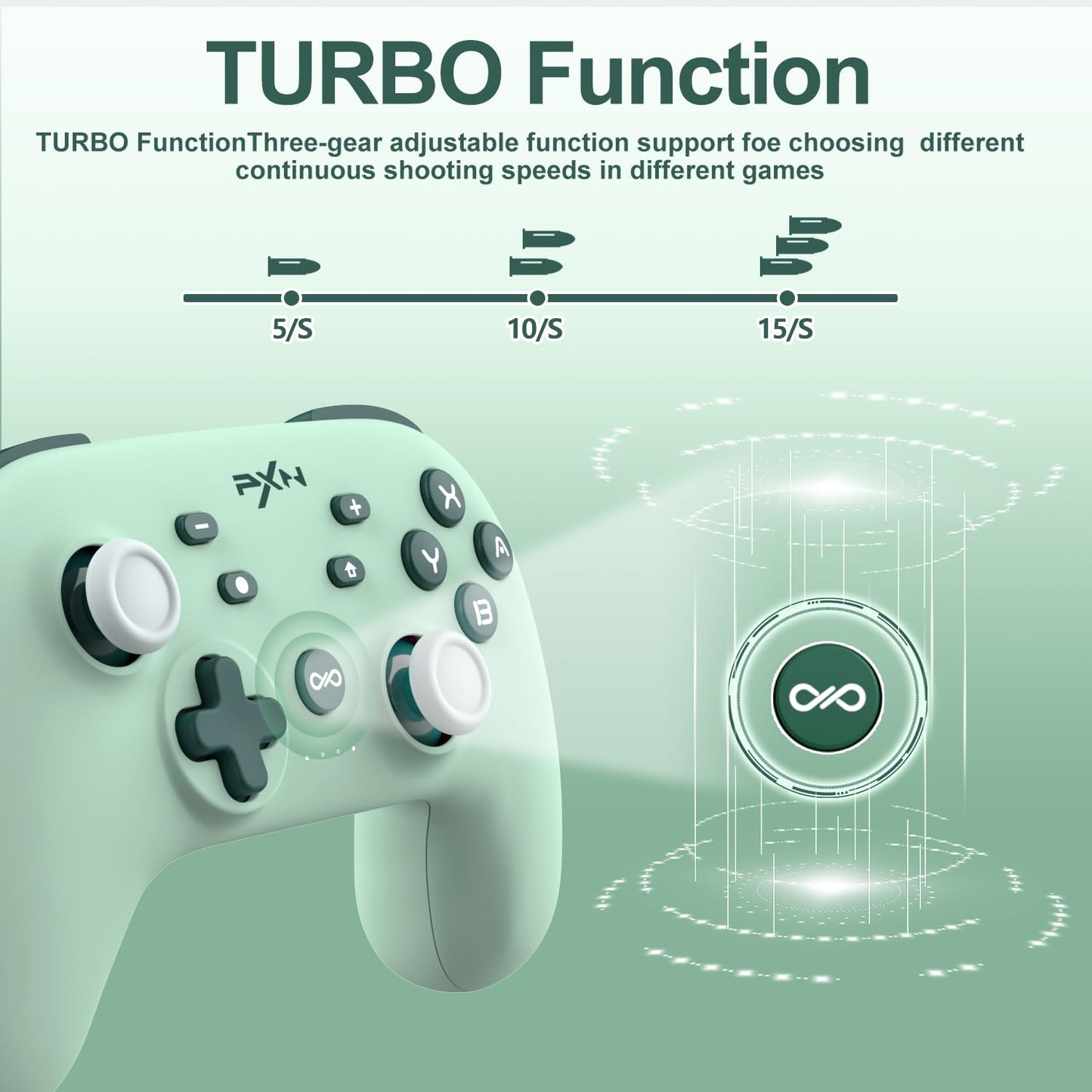 PXN P50H Wireless Switch Pro Controller, Dual Shock Gamepad Joystick Support NFC Turbo, Macro, Gyro Axis, Wake-Up, Hall Effect Joysticks, for Switch/Lite/OLED/iOS (16 versions only) / PC (Green)