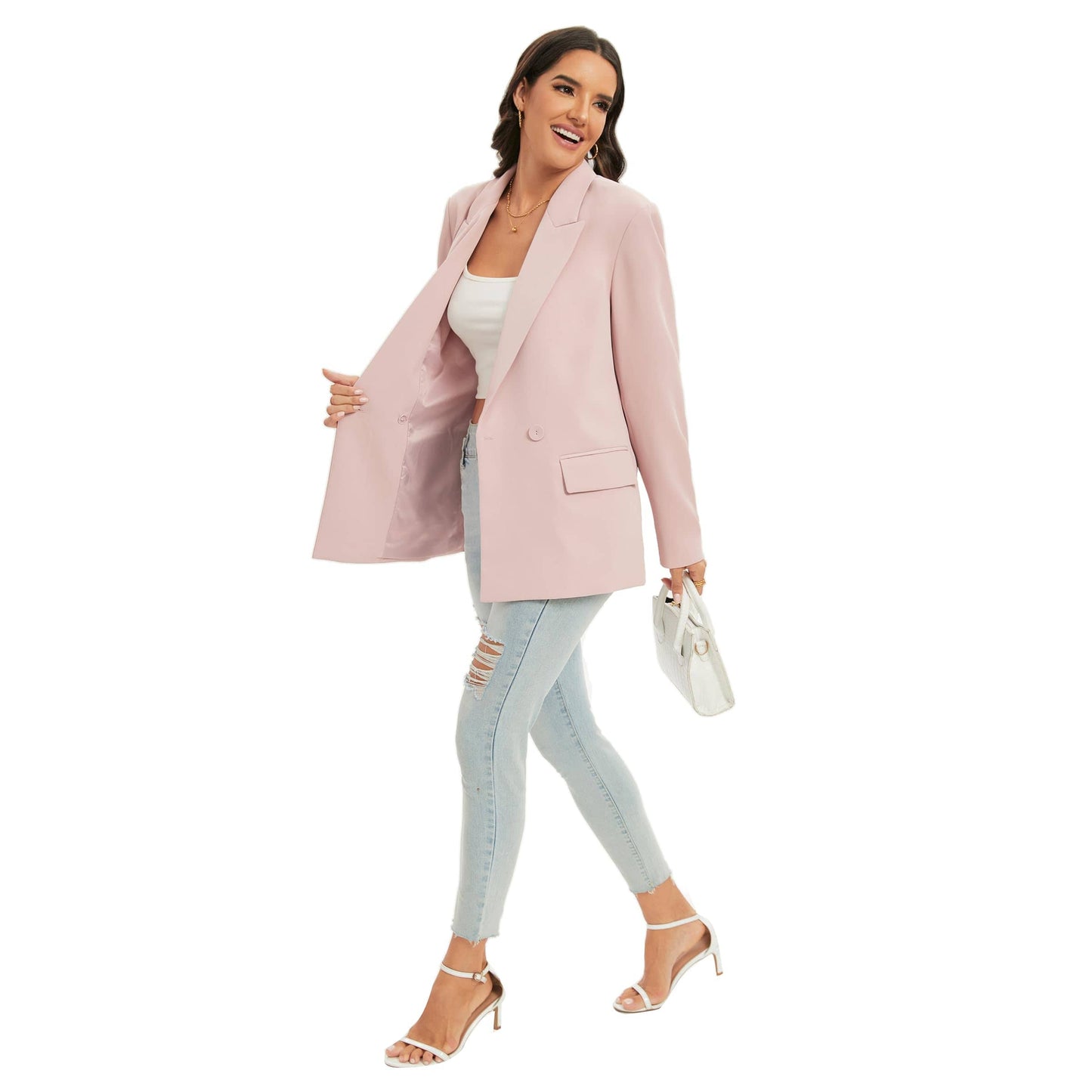 Blazer de costume surdimensionné à double boutonnage pour femme, veste à manches longues, style petit ami décontracté, blazer de travail et de bureau avec poches