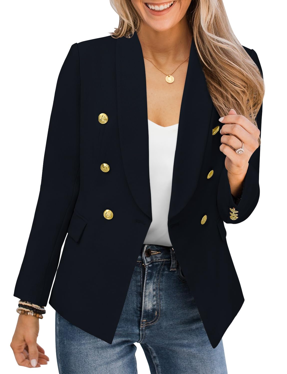 CRAZY GRID Womens Casual Blazer Jacket Gold Button Long Sleeve Work 0ffice Blazer Lapel Open Front Jacket