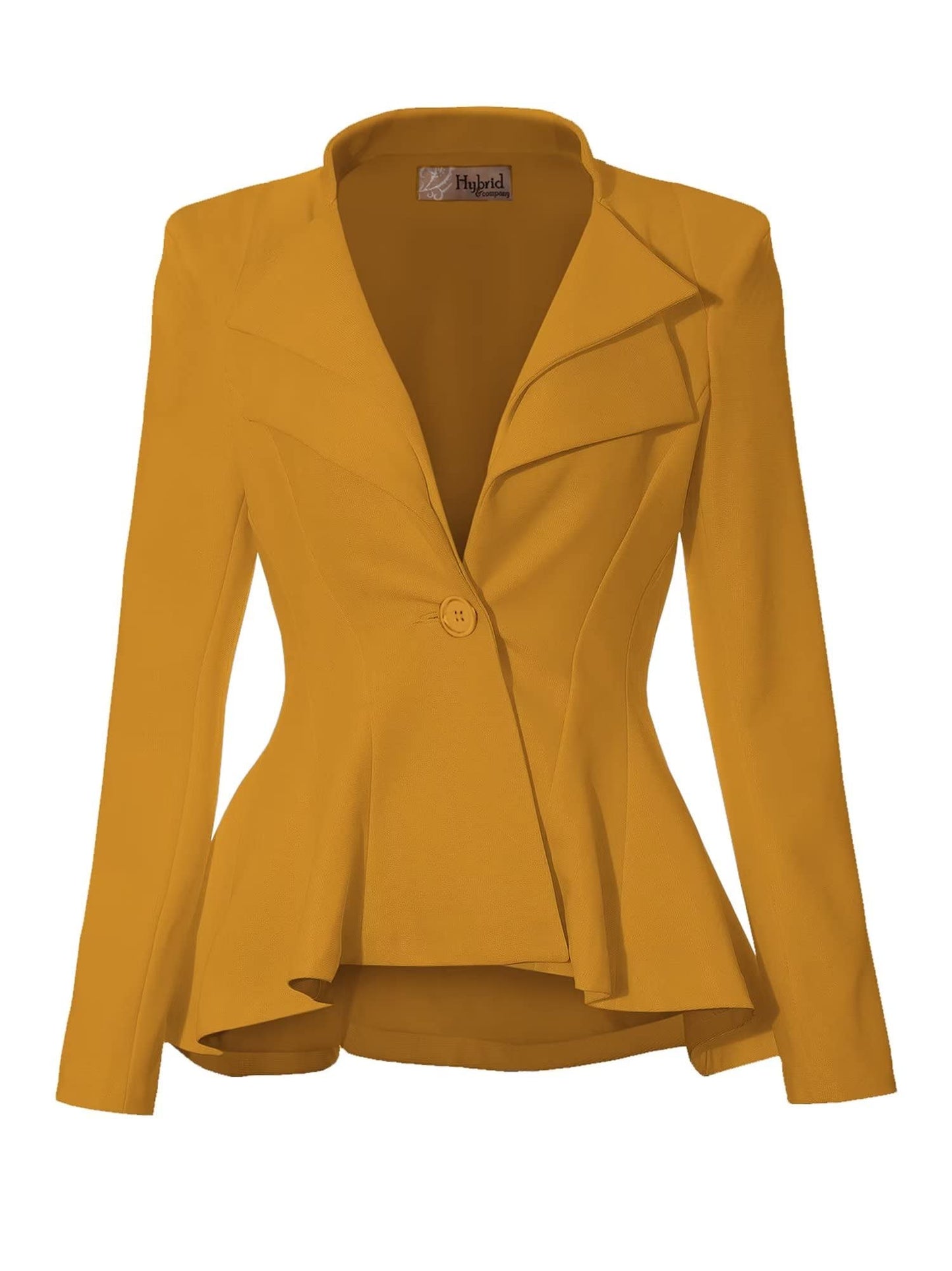 Hybrid & Company Women's Casual Work Office Dressy Double Notch Lapel Sharp Shoulder Pad Single Button Peplum Comfy Blazer