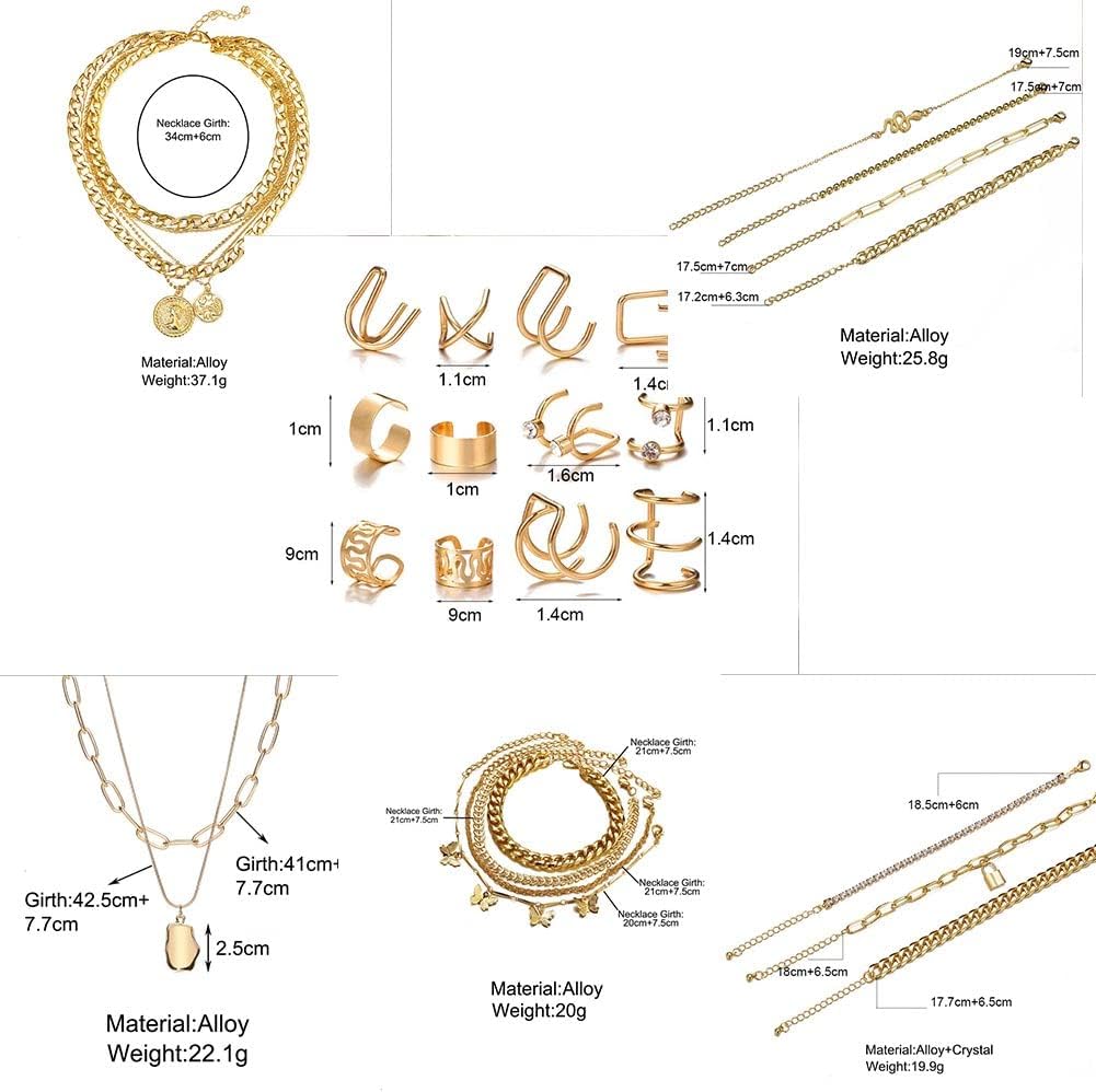 CONGYING 46 Pcs Gold Jewelry Set with 11Pcs Necklace, 11 Pcs anklet and 18 Pcs Earring Ear Cuff,6Hoop Earrings for Women Girls, Fashion Indie Costume Jewerly Pack for Friendship Party Gift Xpress