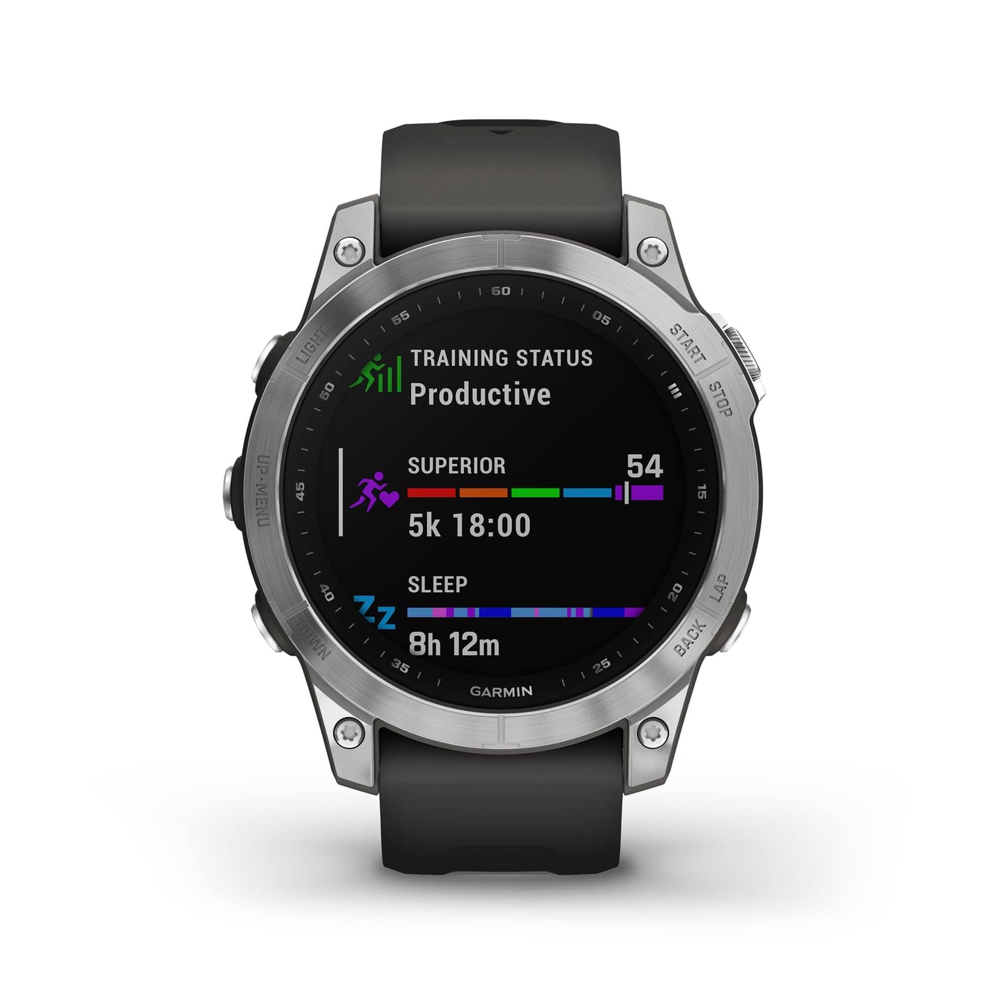 Garmin fenix 7S, montre intelligente d'aventure de petite taille, montre d'extérieur robuste avec GPS, écran tactile, fonctionnalités de santé et de bien-être, argent avec bracelet graphite, 010-02539-00 