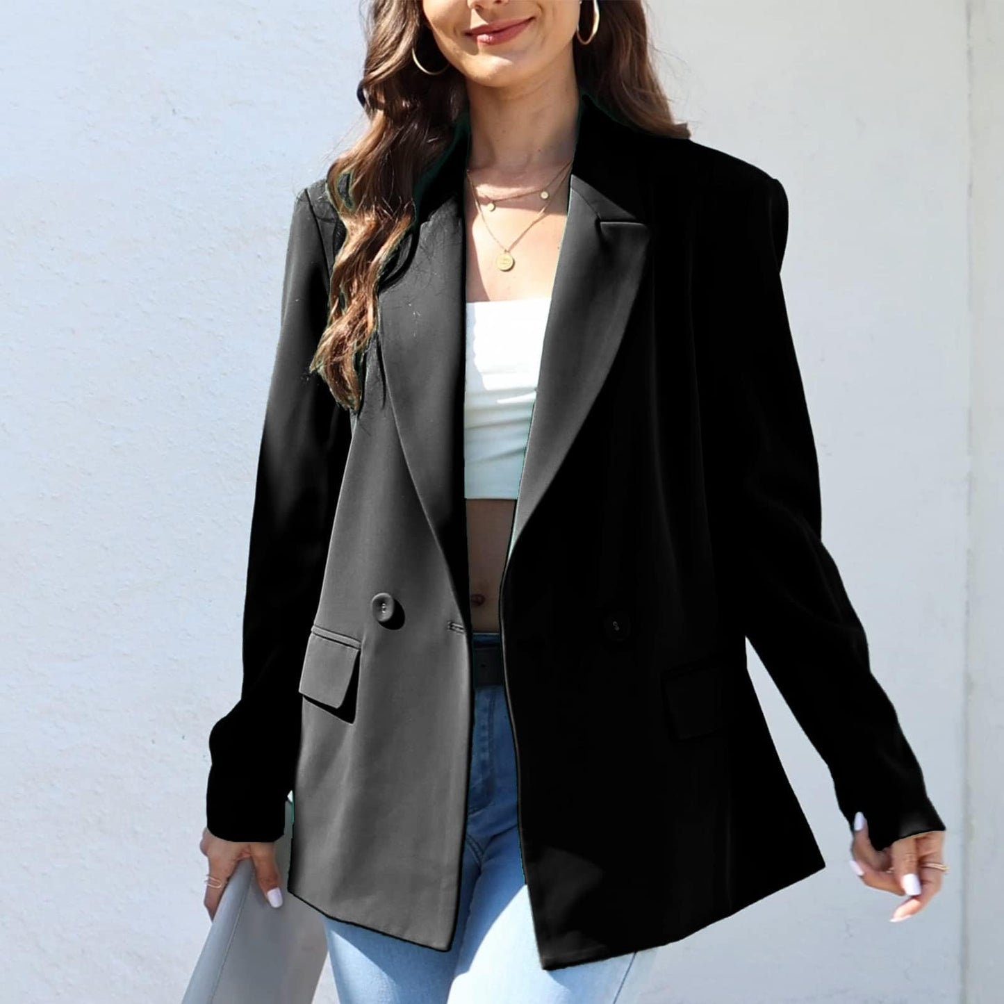 Blazer de costume surdimensionné à double boutonnage pour femme, veste à manches longues, style petit ami décontracté, blazer de travail et de bureau avec poches