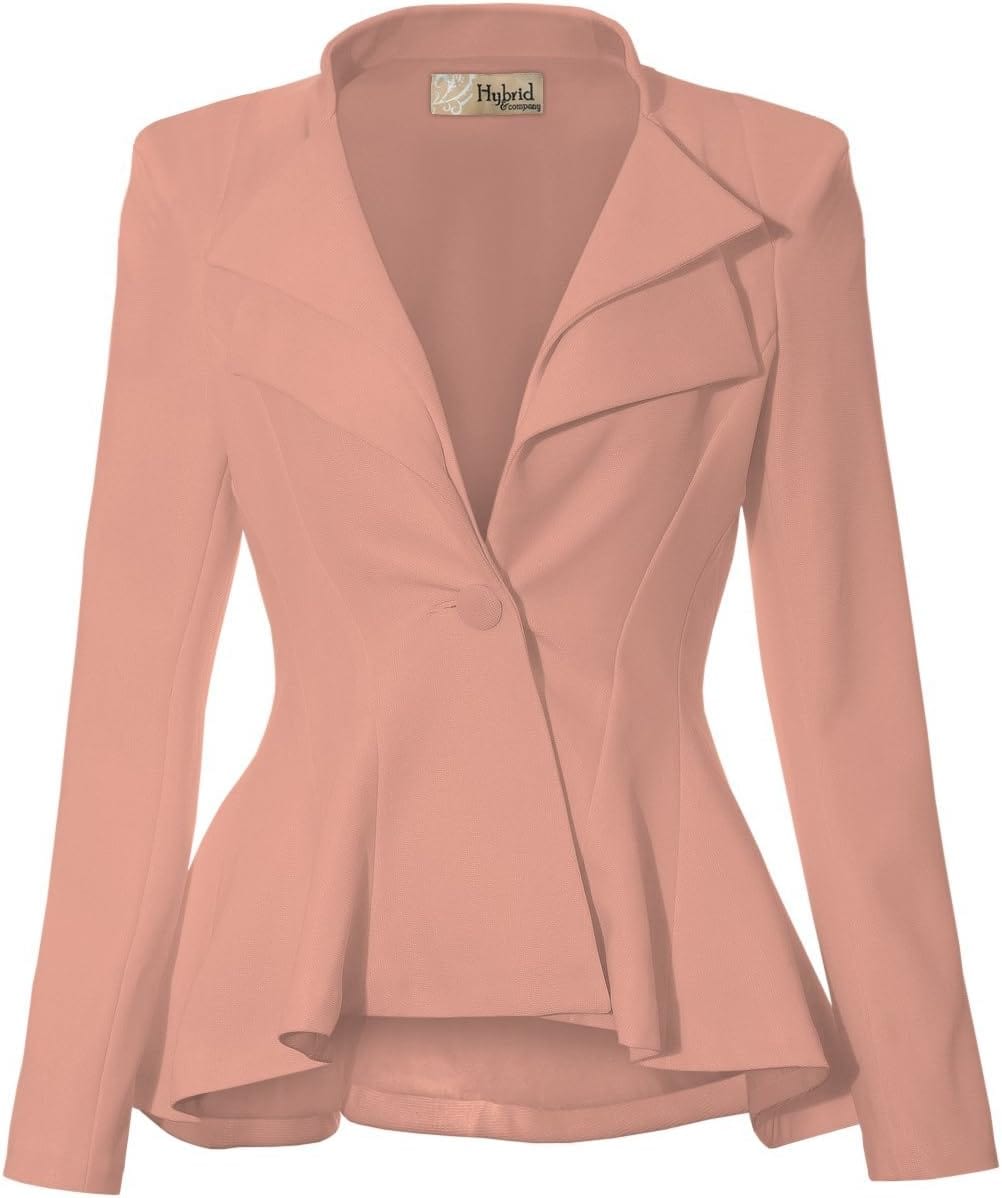 Hybrid & Company Women's Casual Work Office Dressy Double Notch Lapel Sharp Shoulder Pad Single Button Peplum Comfy Blazer