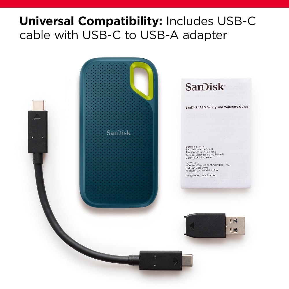 SanDisk Extreme Portable SSD de 2 TB - Hasta 1050 MB/s, USB-C, USB 3.2 Gen 2, resistencia al agua y al polvo IP65, firmware actualizado - Unidad de estado sólido externa - SDSSDE61-2T00-G25 