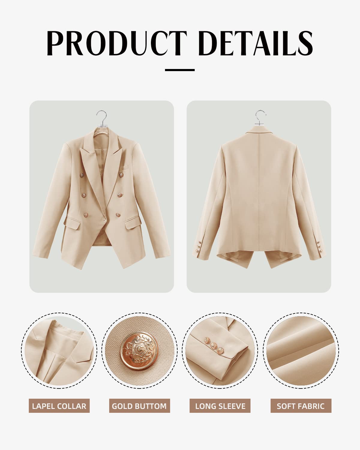 CRAZY GRID Womens Casual Blazer Jacket Gold Button Long Sleeve Work 0ffice Blazer Lapel Open Front Jacket