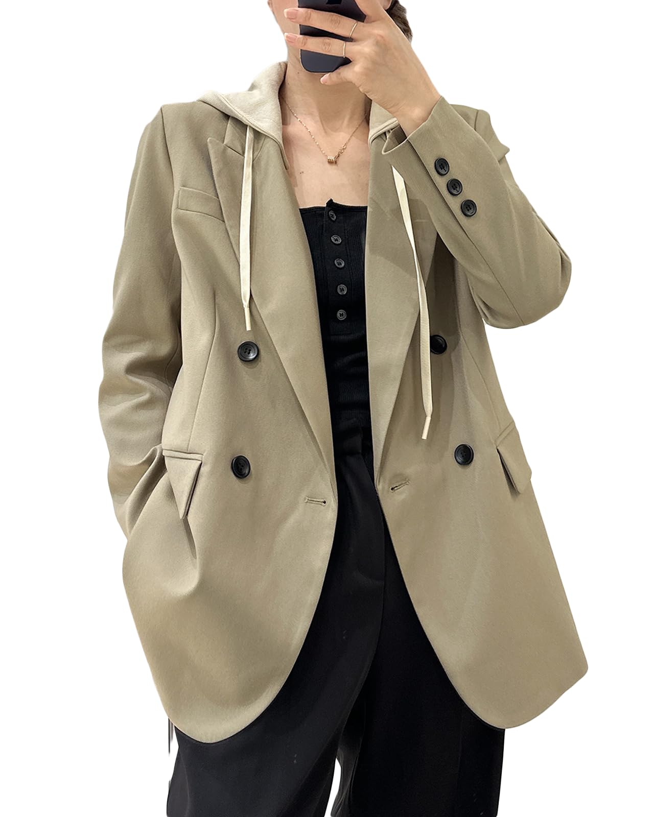 Mina Self Oversize Blazer Jacket for Women Hooded 2024 New Four Seasons Plus Size Casual Open Front Work Office Suit (XS-XXL)