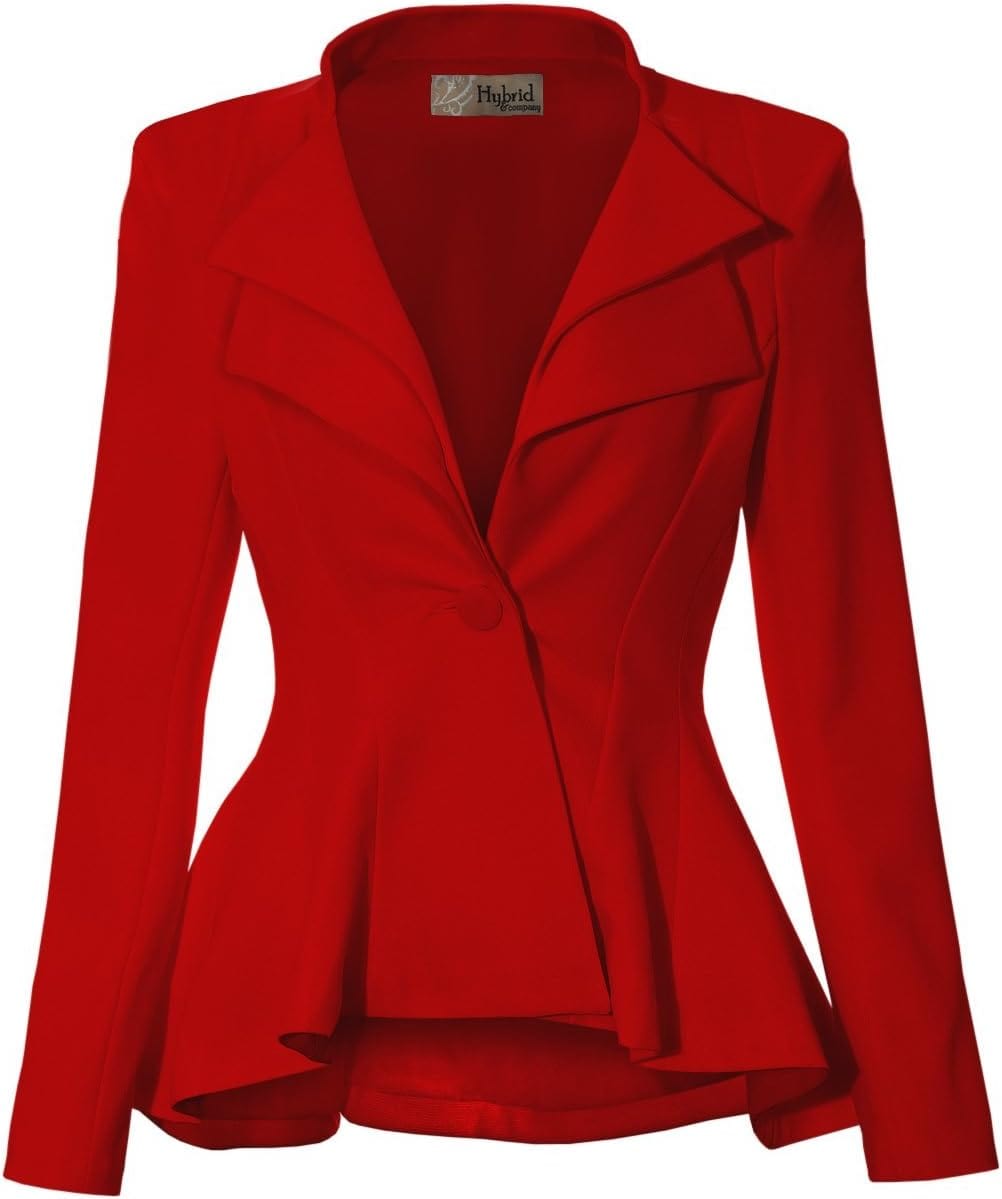 Hybrid & Company Women's Casual Work Office Dressy Double Notch Lapel Sharp Shoulder Pad Single Button Peplum Comfy Blazer