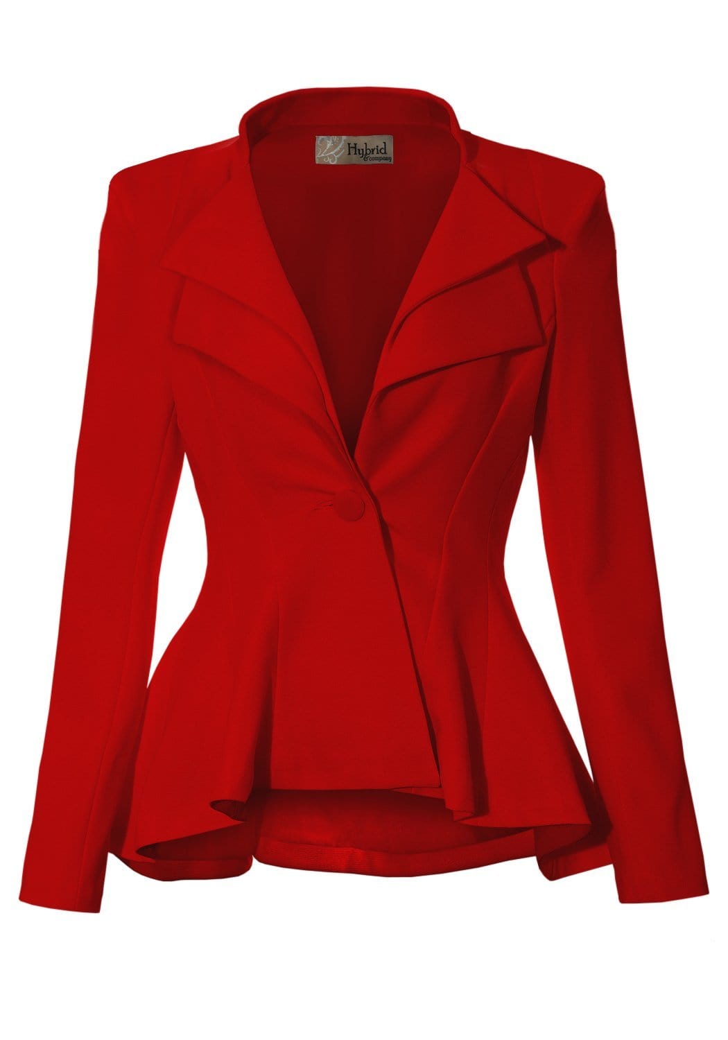 Hybrid & Company Women's Casual Work Office Dressy Double Notch Lapel Sharp Shoulder Pad Single Button Peplum Comfy Blazer