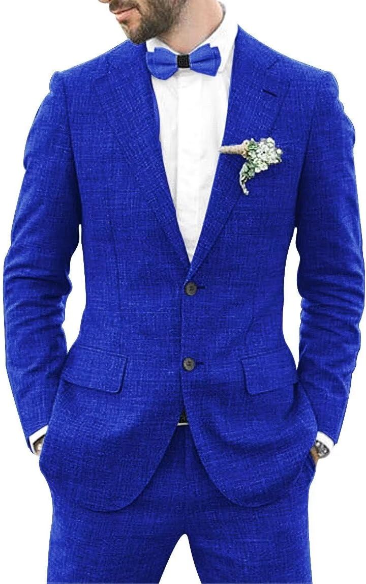 Wangyue Mens Linen Suit 2 Piece Slim Fit Linen Suit for Men Summer Wedding Suit Groom Prom Tuxedo Suit