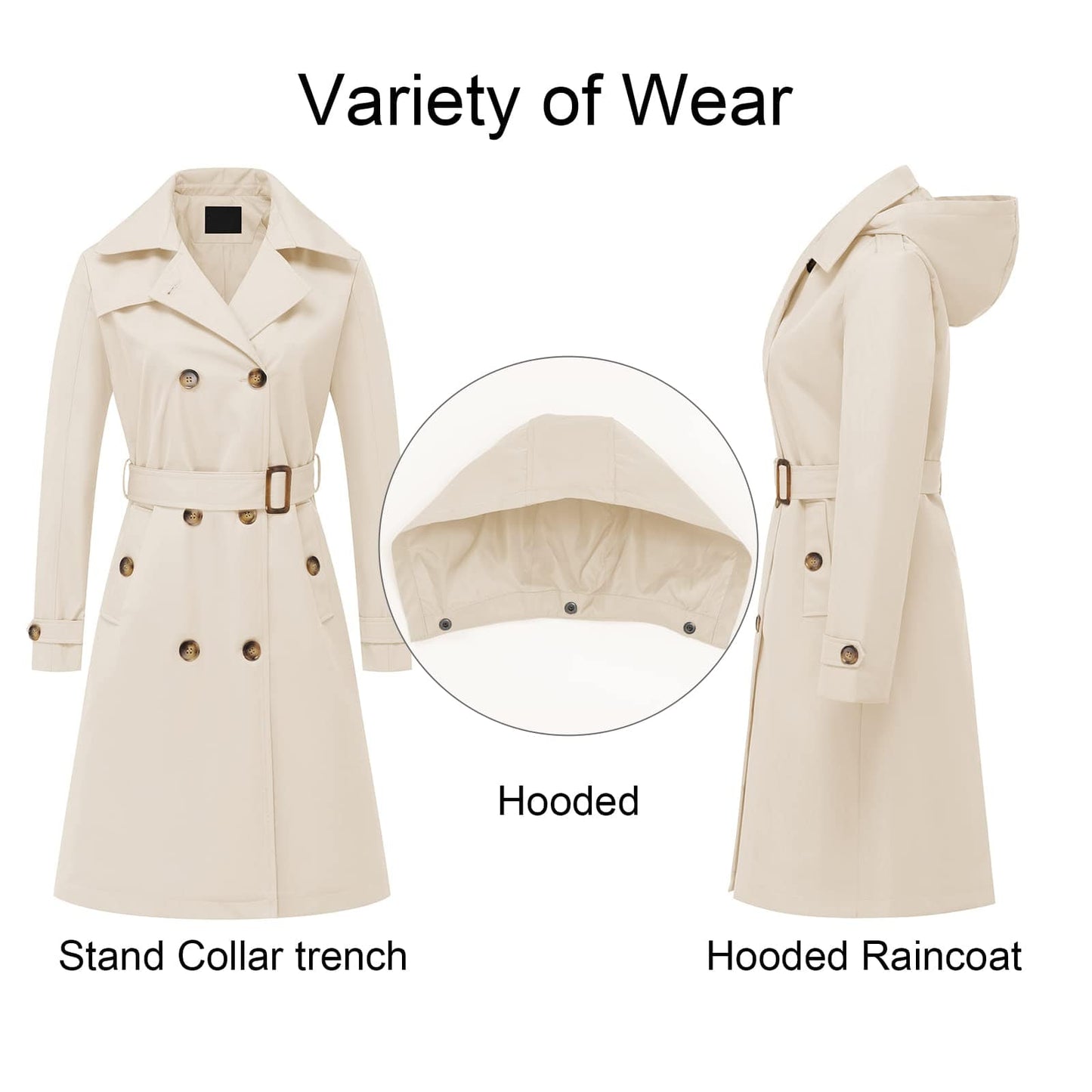 CREATMO US Women's Long Trench Coat Double-Breasted Classic Lapel Overcoat Belted Slim Outerwear Coat with Detachable Hood