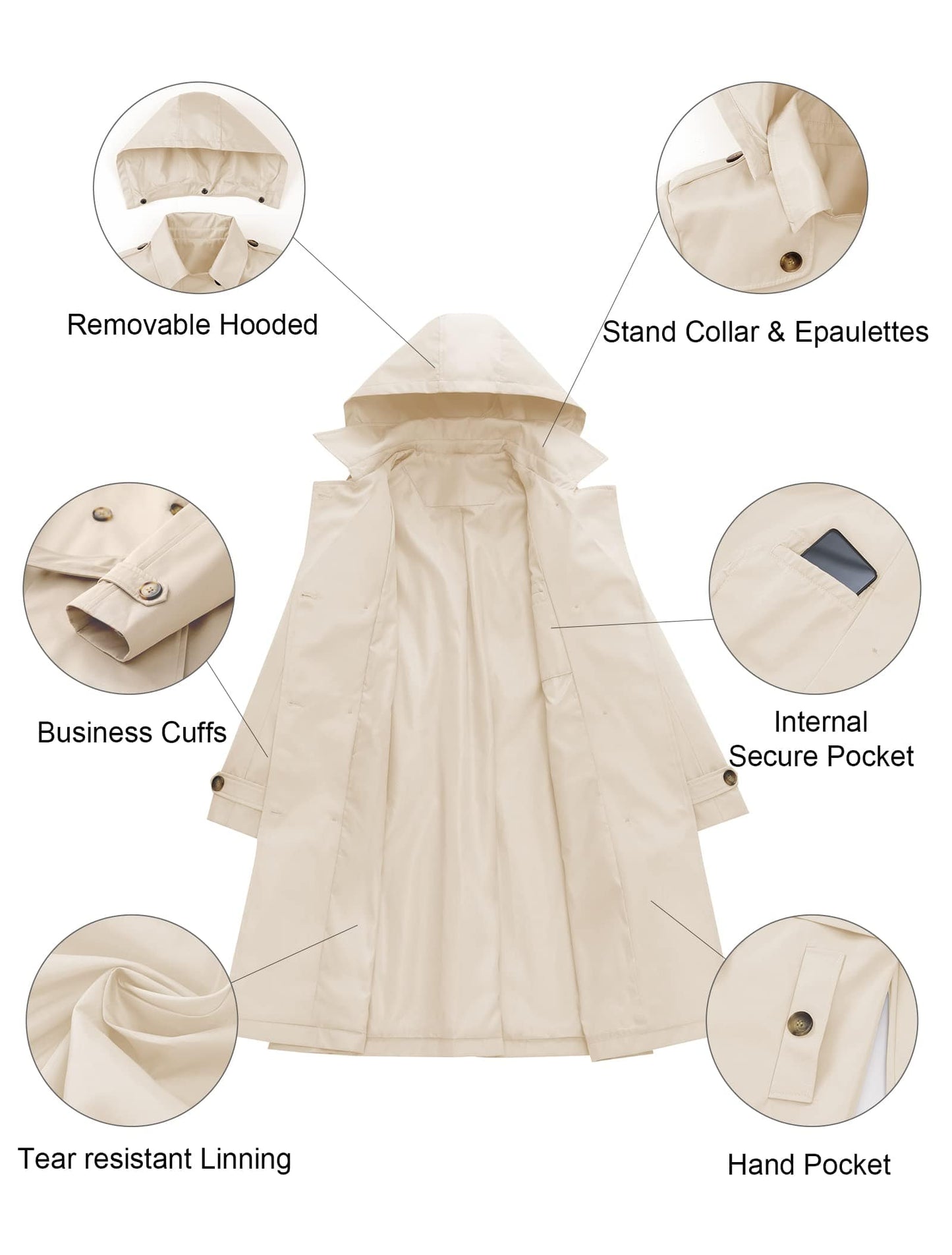 CREATMO US Trench Long Femme Double Boutonnage Classique Revers Pardessus Ceinturé Mince Manteau d'extérieur avec Capuche Amovible