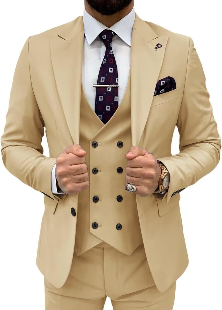 Double Breasted 3 Pieces Suit Men Slim Fit Classic One Button Jacket Blazer Vest Pants Set Formal Wedding Tuxedo