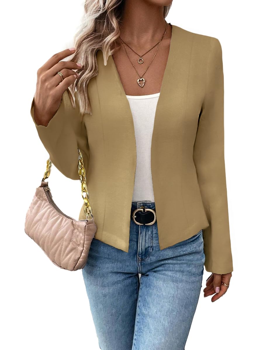 Mina Self 2024 Summer Cropped Collarless Blazer Lightweight Fully Lined Open Front Elegant Petite Work Office Jackets