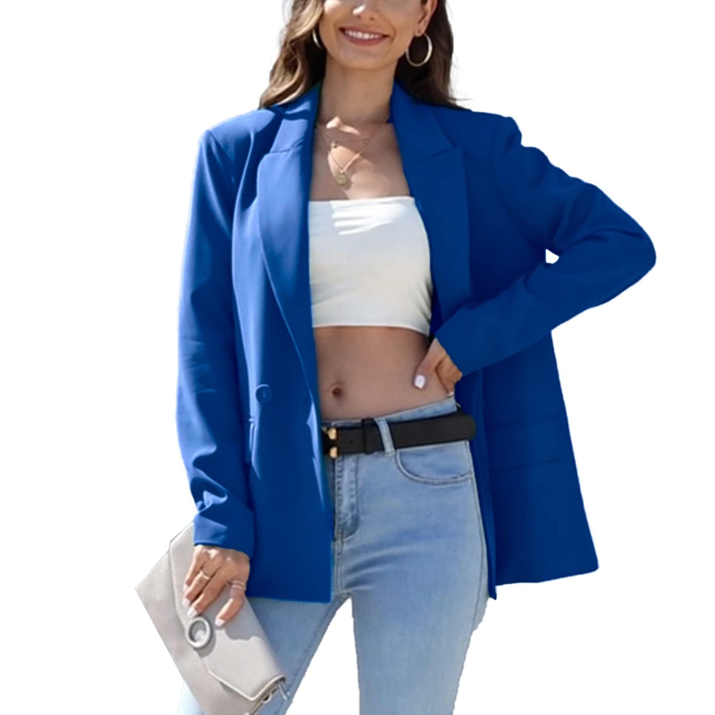 Chaqueta de traje de gran tamaño con doble botonadura para mujer, chaqueta de manga larga, informal, estilo novio, chaqueta de trabajo para oficina con bolsillos