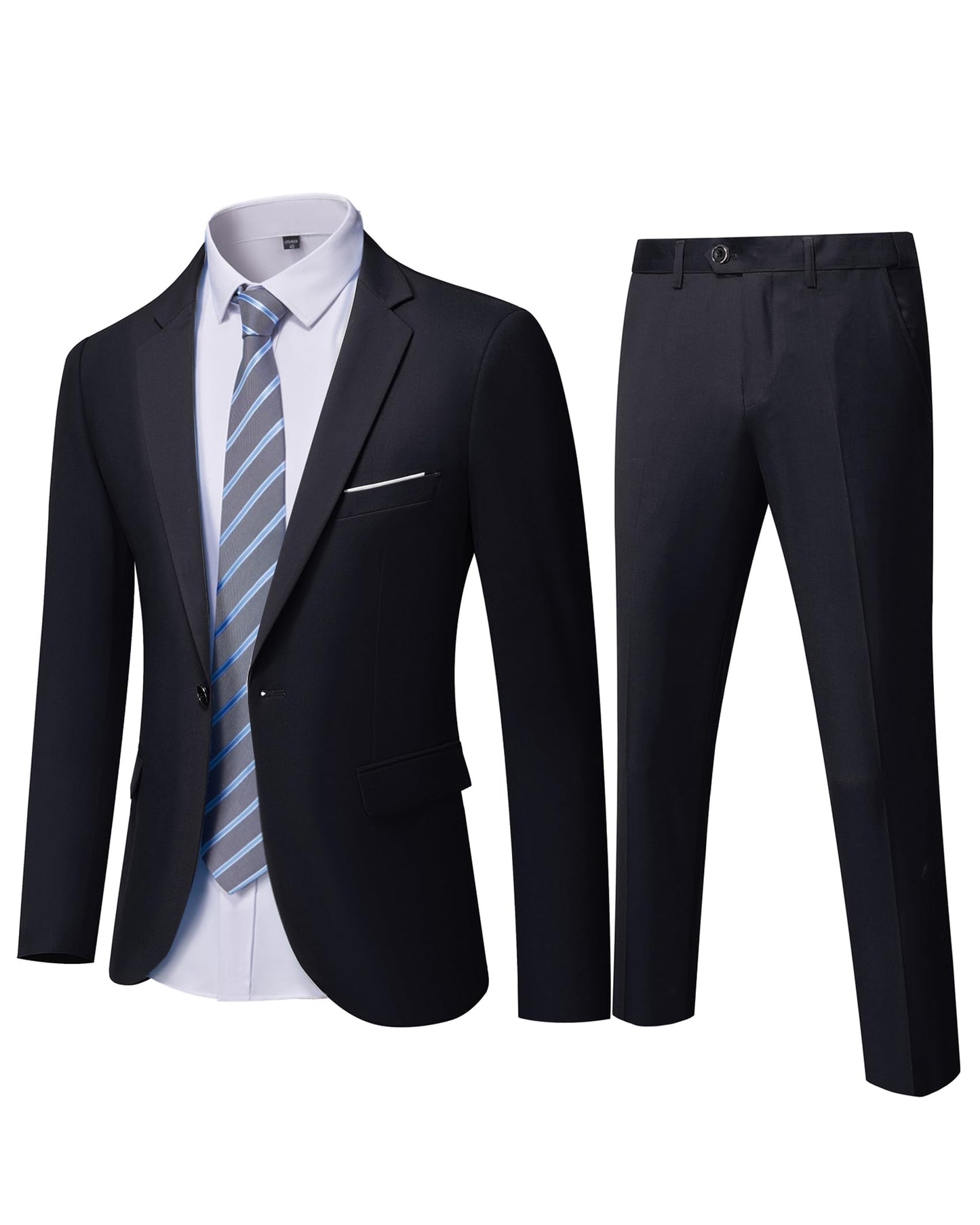 YND Men's Slim Fit 2 Piece Suit, One Button Solid Jacket Pants Set with Tie