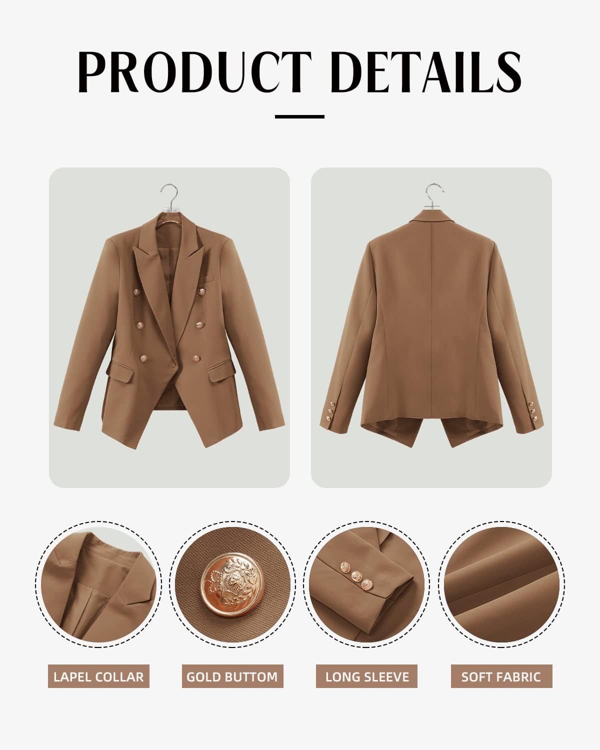 CRAZY GRID Womens Casual Blazer Jacket Gold Button Long Sleeve Work 0ffice Blazer Lapel Open Front Jacket