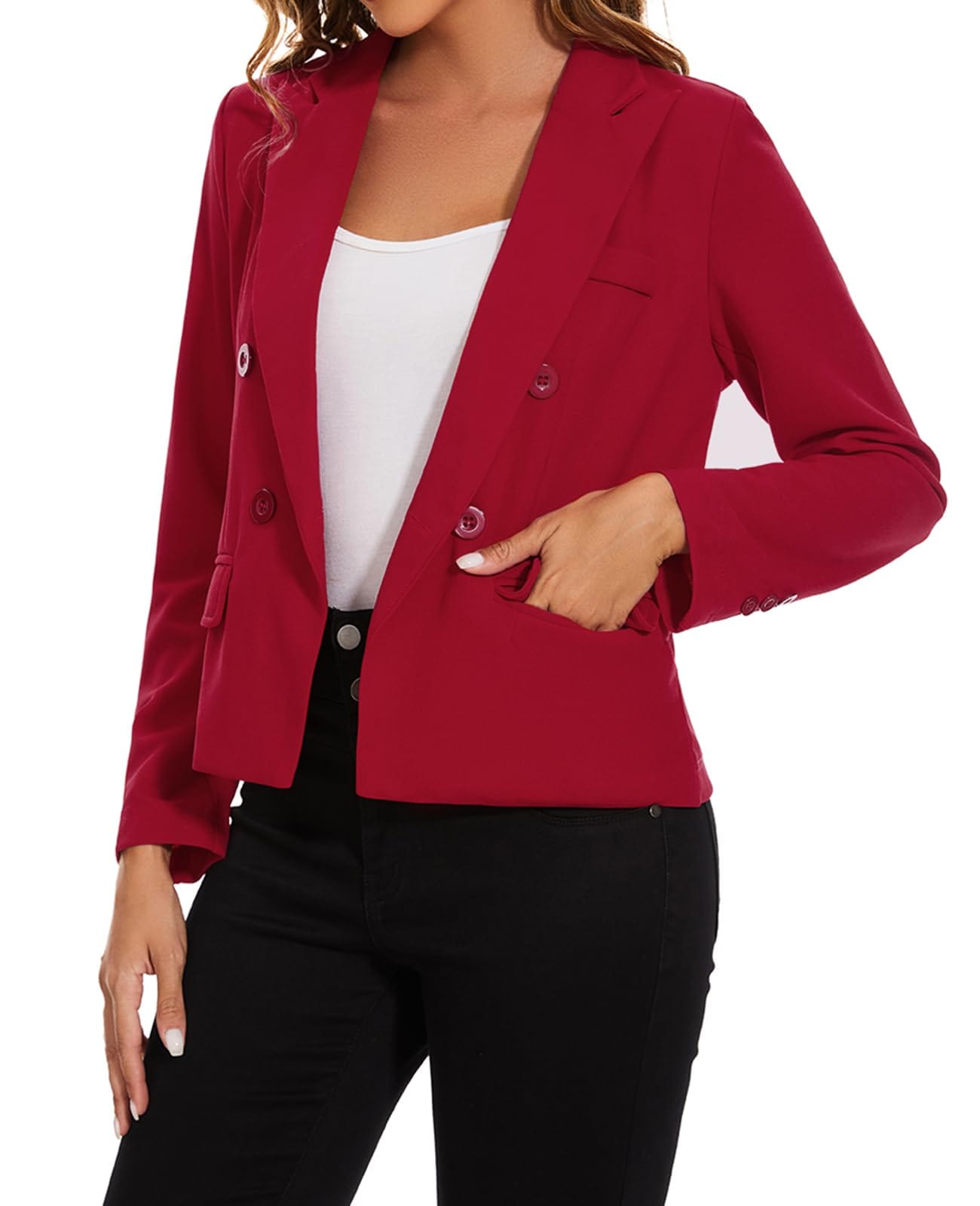 MINTLIMIT Blazers para mujer de negocios casual de manga larga recortada Blazer pico solapa doble botonadura chaqueta con bolsillos 