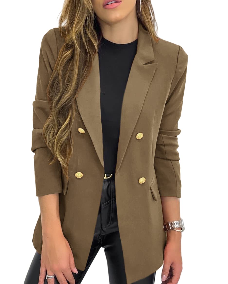 Hdieso Chaqueta tipo blazer con botones de solapa y manga larga para mujer, color sólido, informal 