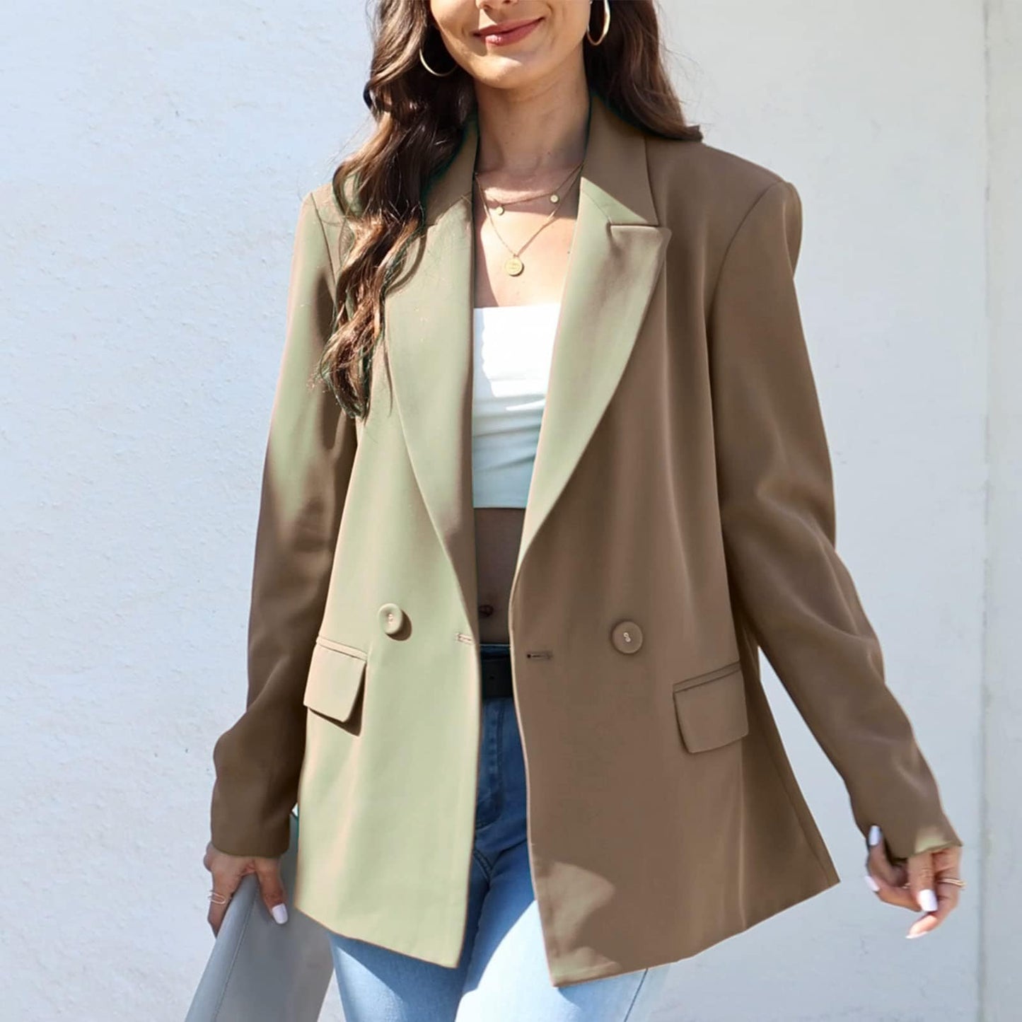 Women's Oversized Double-Breasted Suit Blazer Jacket Long Sleeve Casual Boyfriend Style Work Office Blazer with Pockets