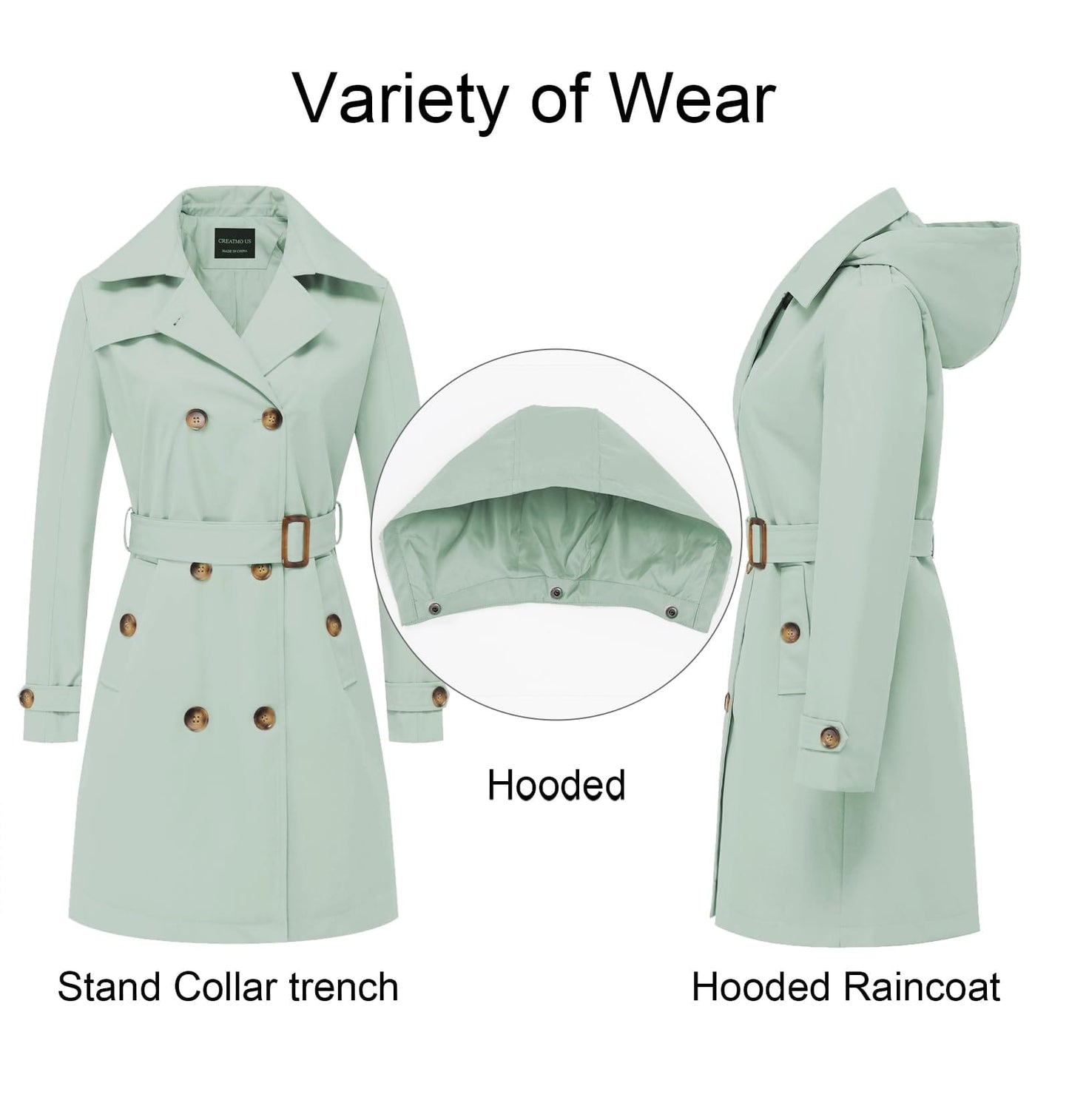 CREATMO US Women's Long Trench Coat Double-Breasted Classic Lapel Overcoat Belted Slim Outerwear Coat with Detachable Hood