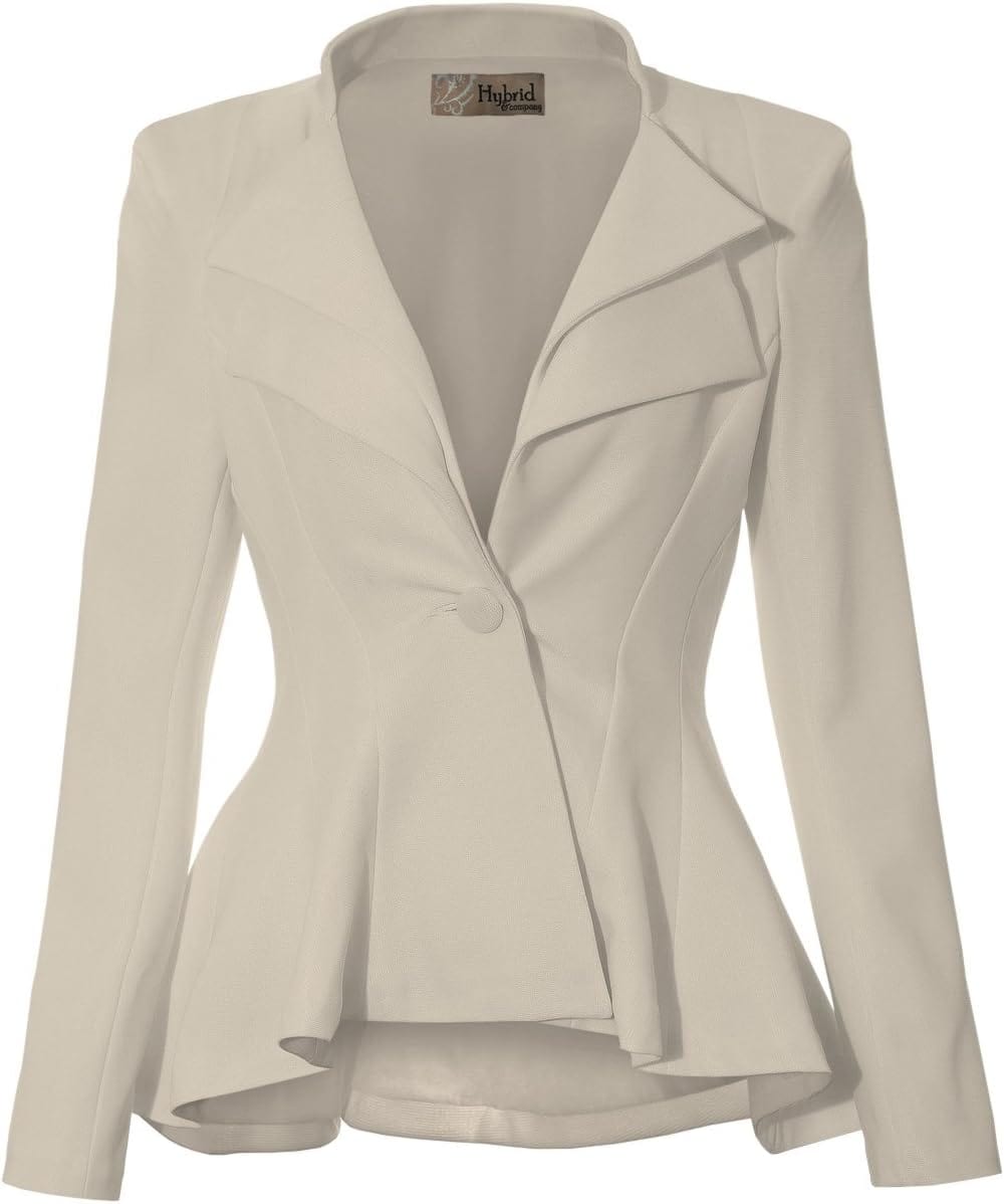 Hybrid & Company Women's Casual Work Office Dressy Double Notch Lapel Sharp Shoulder Pad Single Button Peplum Comfy Blazer