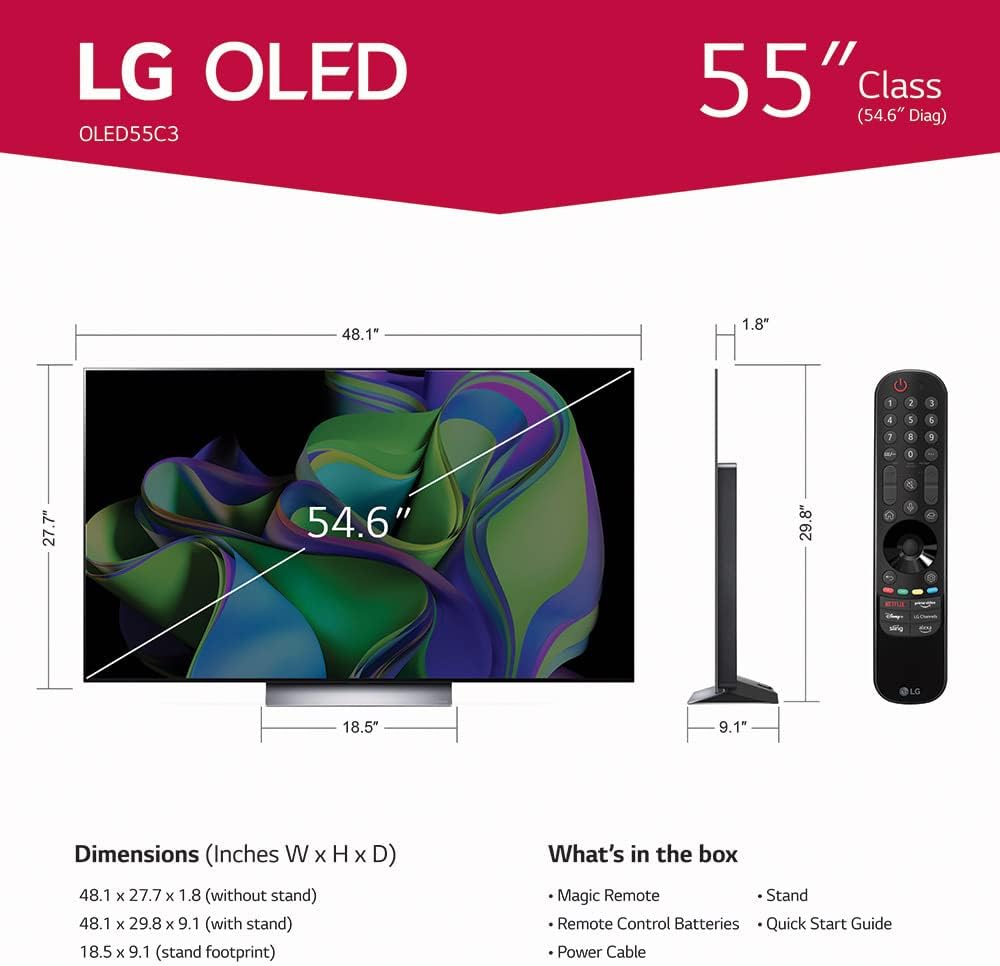 LG C3 Series 55-Inch Class OLED evo 4K Processor Smart Flat Screen TV for Gaming with Magic Remote AI-Powered OLED55C3PUA, 2023 with Alexa Built-in Xpress