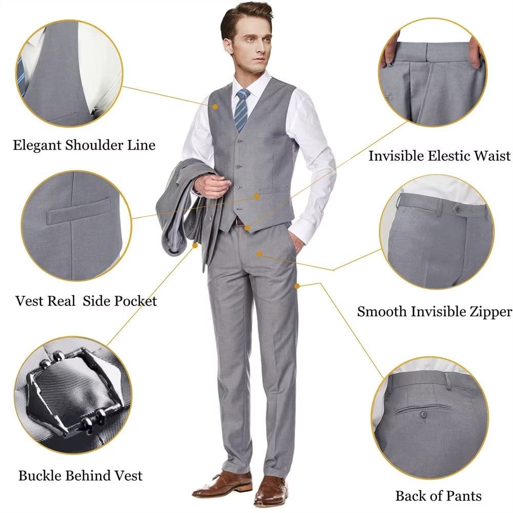 Men's Slim Fit 3 Piece Suit Two Button Business Wedding Dress Tux Suit Set Jacket Vest Pants with Tie