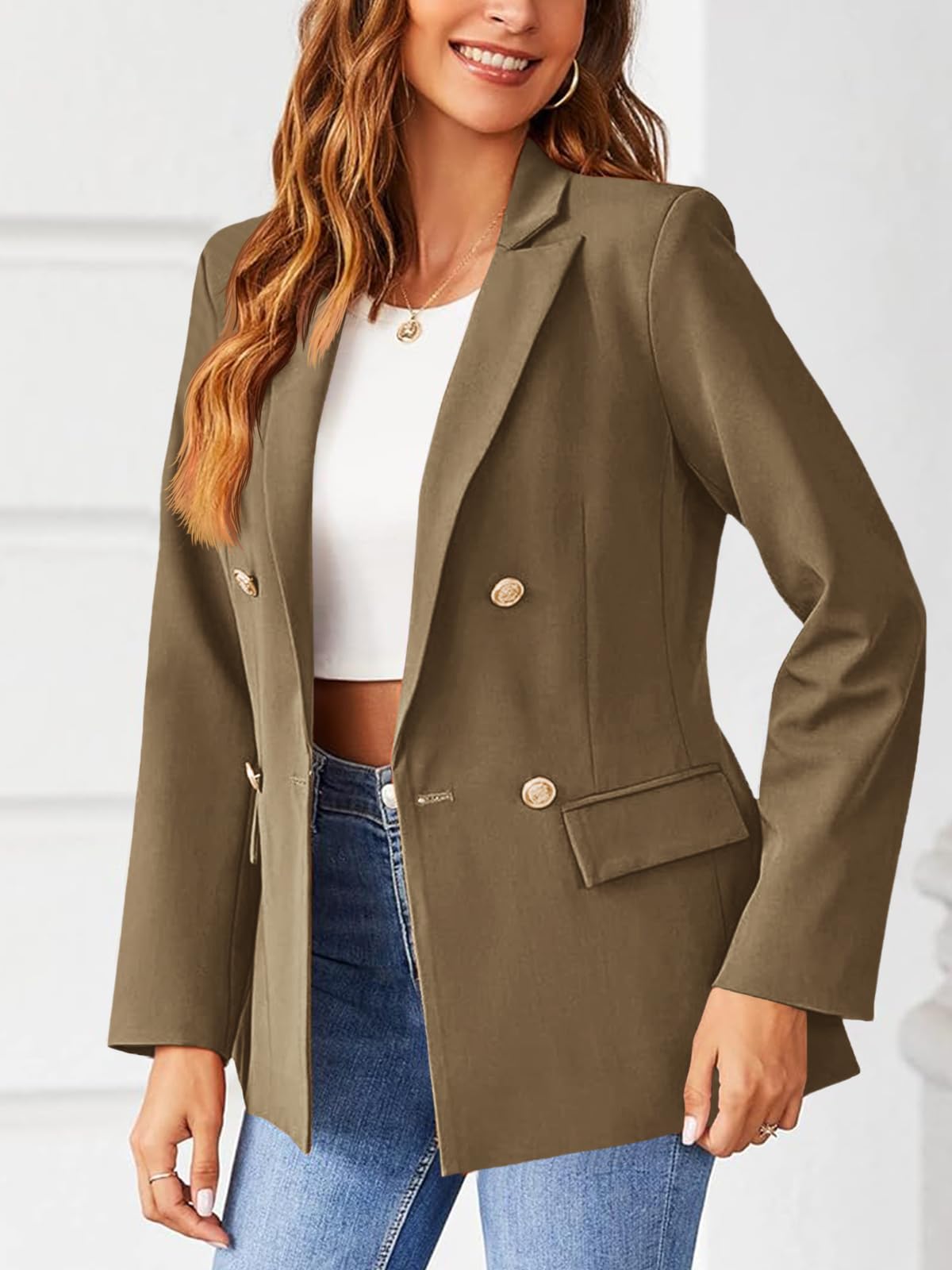 Hdieso Chaqueta tipo blazer con botones de solapa y manga larga para mujer, color sólido, informal 