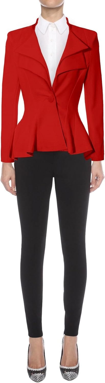 Hybrid & Company Women's Casual Work Office Dressy Double Notch Lapel Sharp Shoulder Pad Single Button Peplum Comfy Blazer