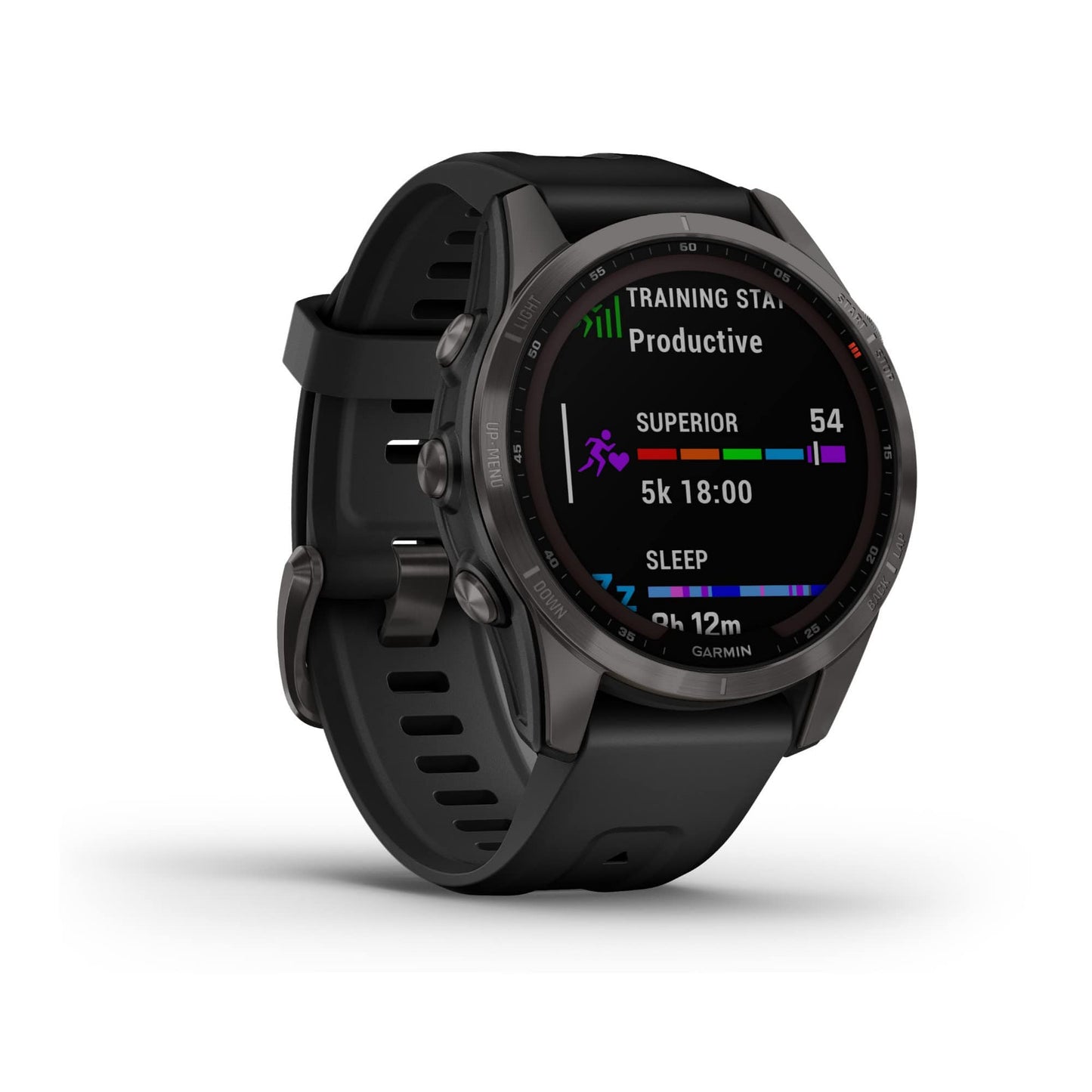 Garmin fenix 7S, smaller sized adventure smartwatch, rugged outdoor watch with GPS, touchscreen, health and wellness features, silver with graphite band, 010-02539-00